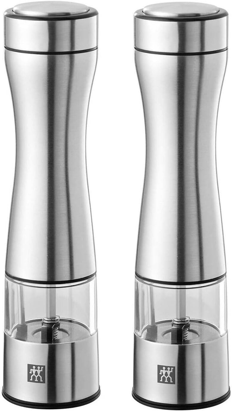 Zwilling Gewürzmühle Salz und Pfeffermühle elektrisch 2er Set, Edelstahl gebürstet Batterie, (2 Stück), elektrische Salzmühle Keramikmahlwerk