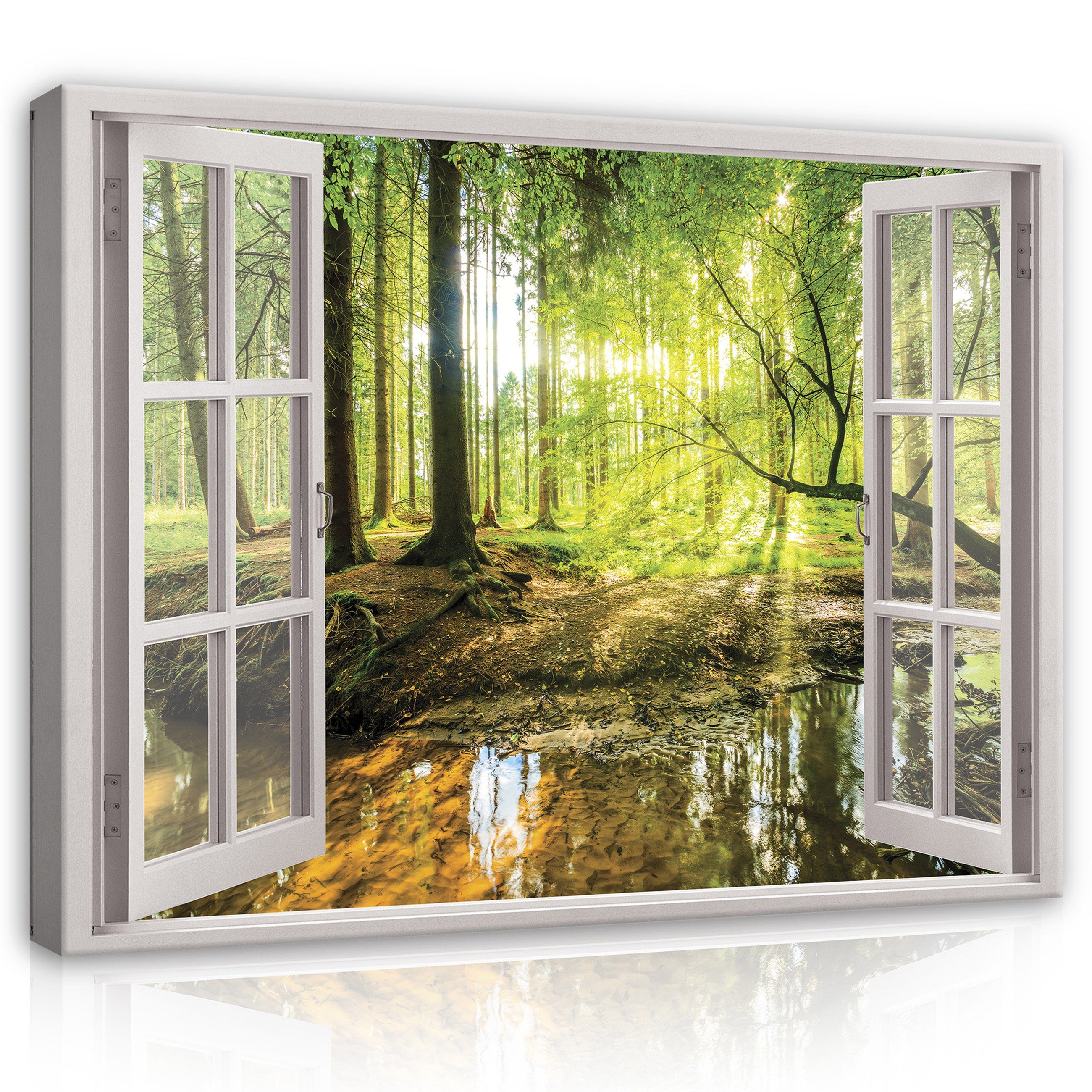 XXL Wald Wallarena Fenster (Einteilig), Leinwandbild Wohnzimmer Aufhängefertig Wandbild Fensterblick Schlafzimmer, Modern