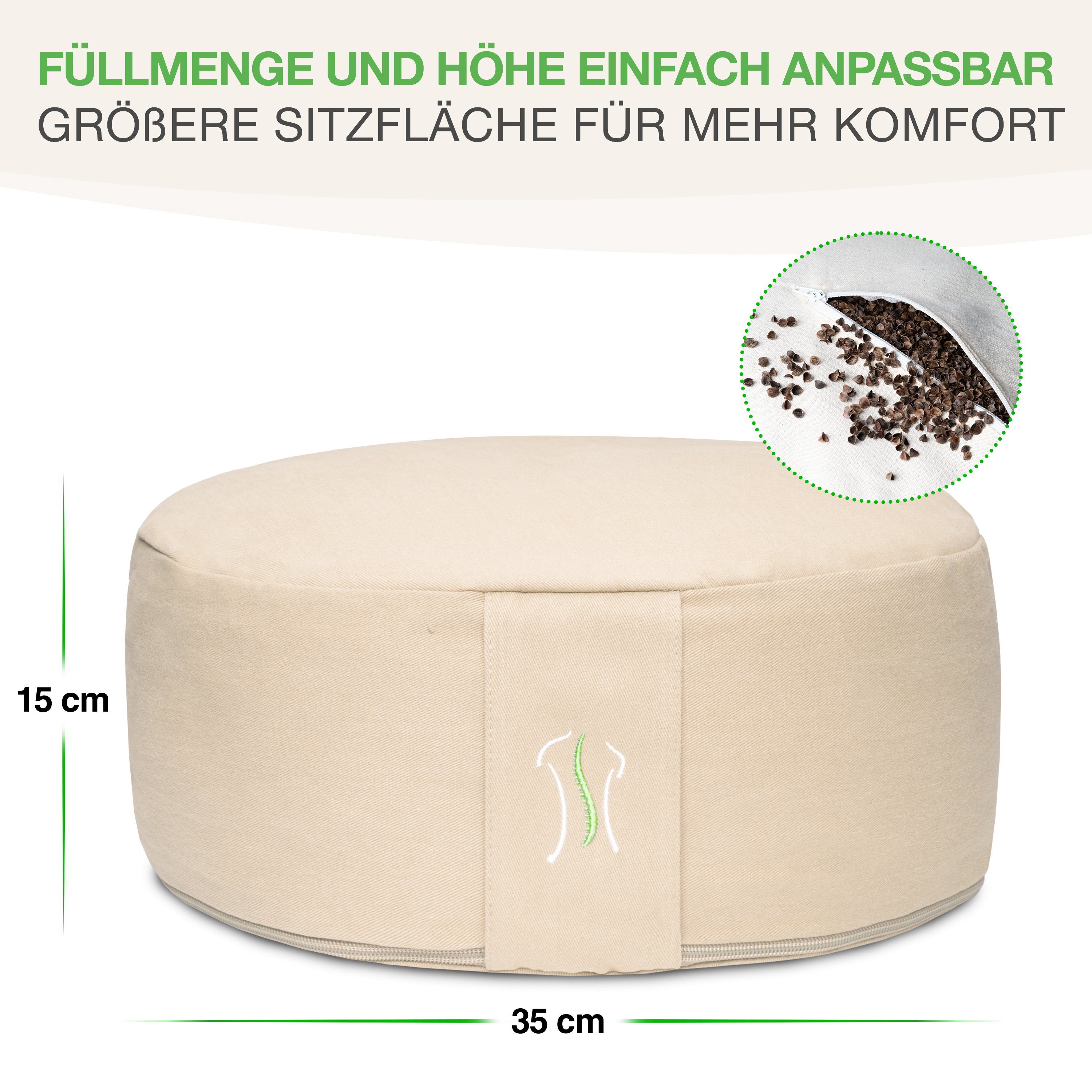 BACKLAxx® Meditationskissen rund 35 cm XL – Yoga Kissen mit formstabiler Buchweizenfüllung, für Meditation & Entspannung – Sitzkissen