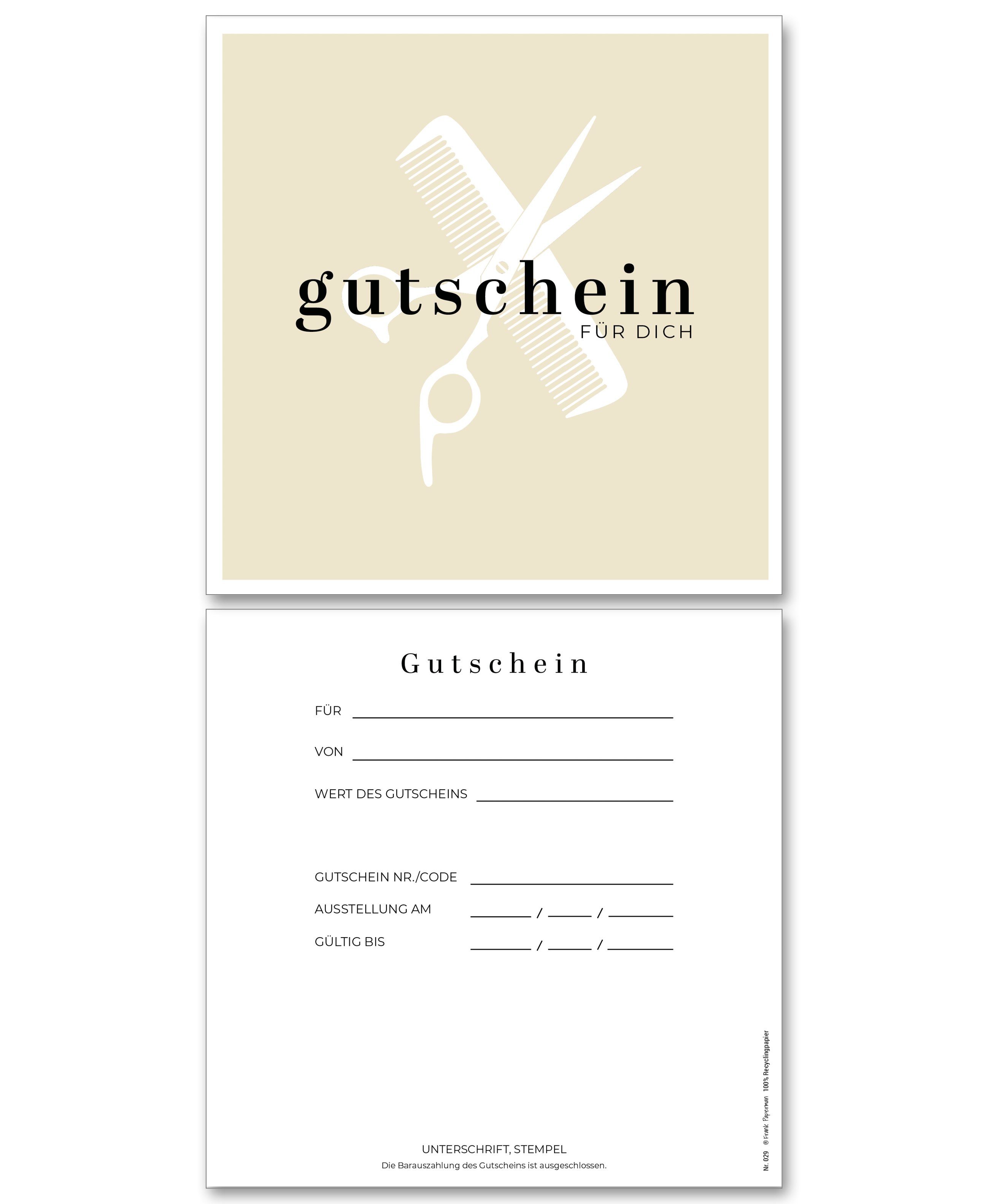 Frank Paperman Geschenkkarte, Gutschein für Kunden, Friseur Gutschein, zum selber Ausfüllen, 100 % Recyclingpapier