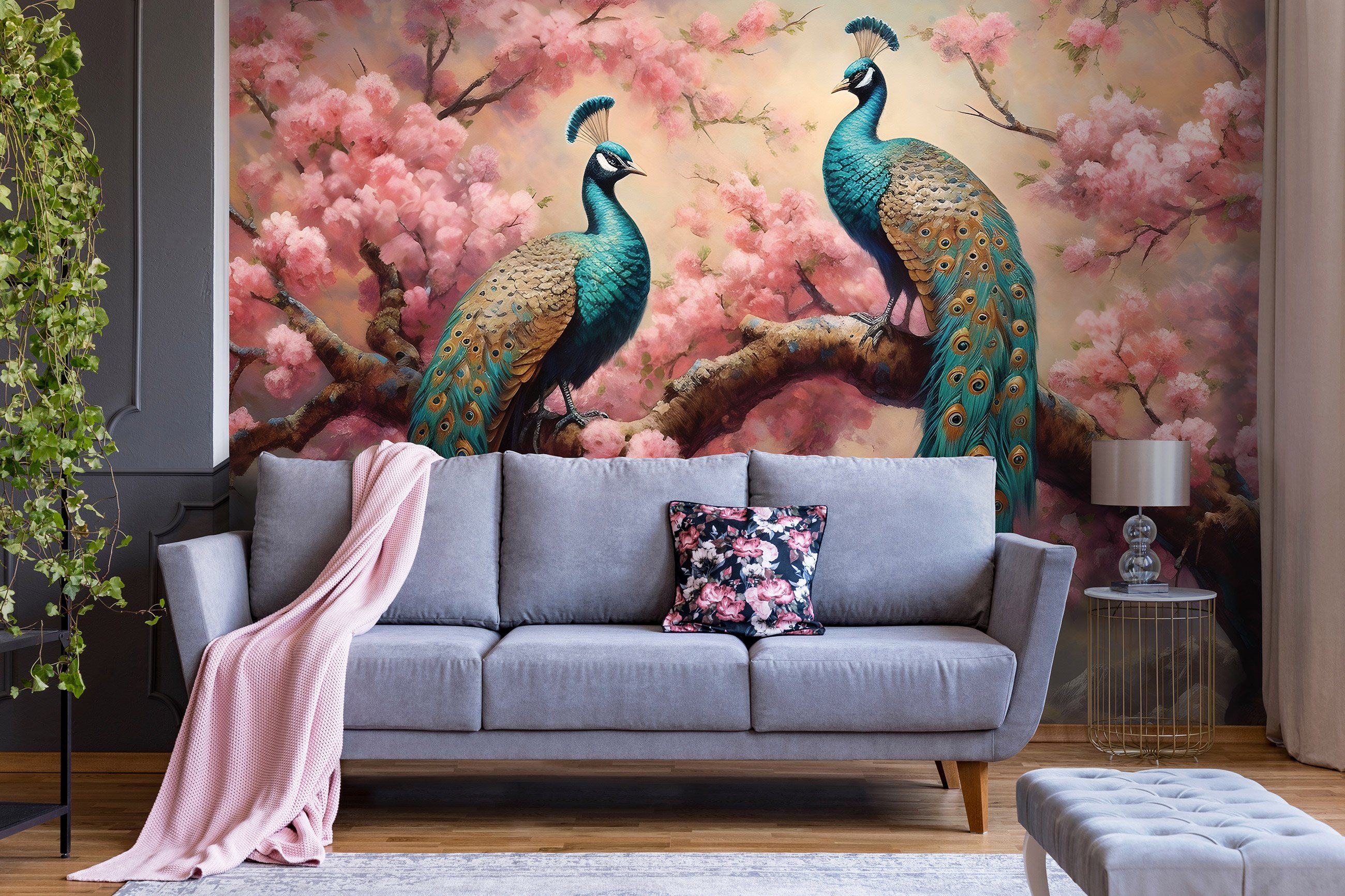 Vinyl, Fototapete Vogel Wohnzimmer Schlafzimmer Wallarena Blumen Tapete Kleister Vliestapete Wandtapete, Pfau Glatt Kunst, inklusive Tapete Vlies Motivtapete Struktur Rosa, Vlies