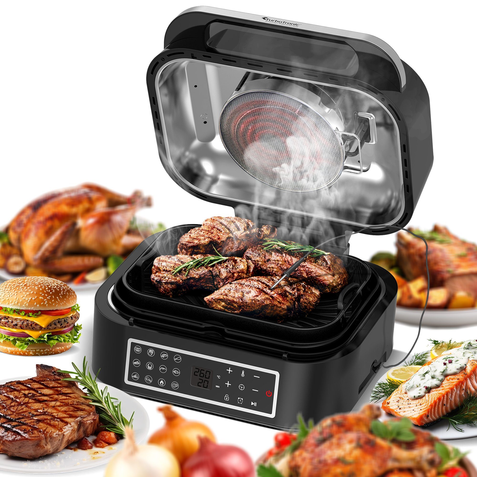 TurboTronic by Z-Line Heißluftfritteuse bis 260°C Food Grill mit digitalem Temperaturfühler 6,5 L Volumen, 1800 W, Tischgrill mit Crisper Plate Steakgrill schwarz/silber