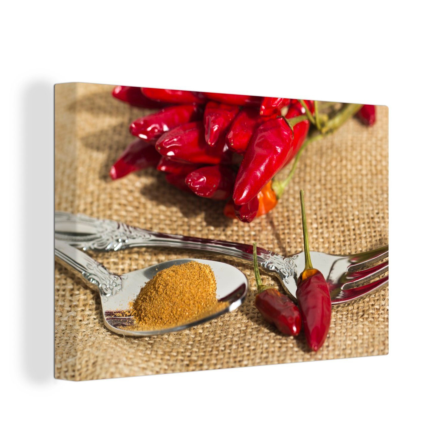 OneMillionCanvasses® Leinwandbild Chili mit Cayennepfeffer auf einem Löffel, (1 St), Wandbild Leinwandbilder, Aufhängefertig, Wanddeko, 30x20 cm