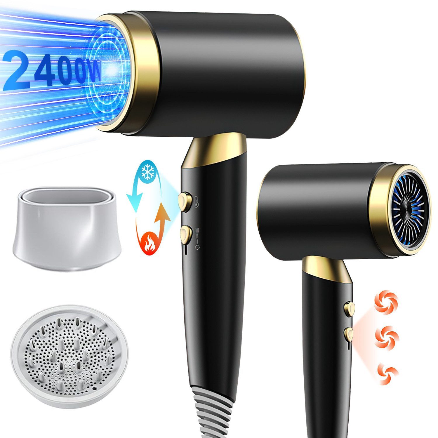 Forrlite Haartrockner Haartrockner Föhn Ionen 2400W,Anti-Spliss mit Kaltluft Modus, 2400 W, 3 Stylingdüsen Klappbar Faltbarer Professional Ionen Haartrockner