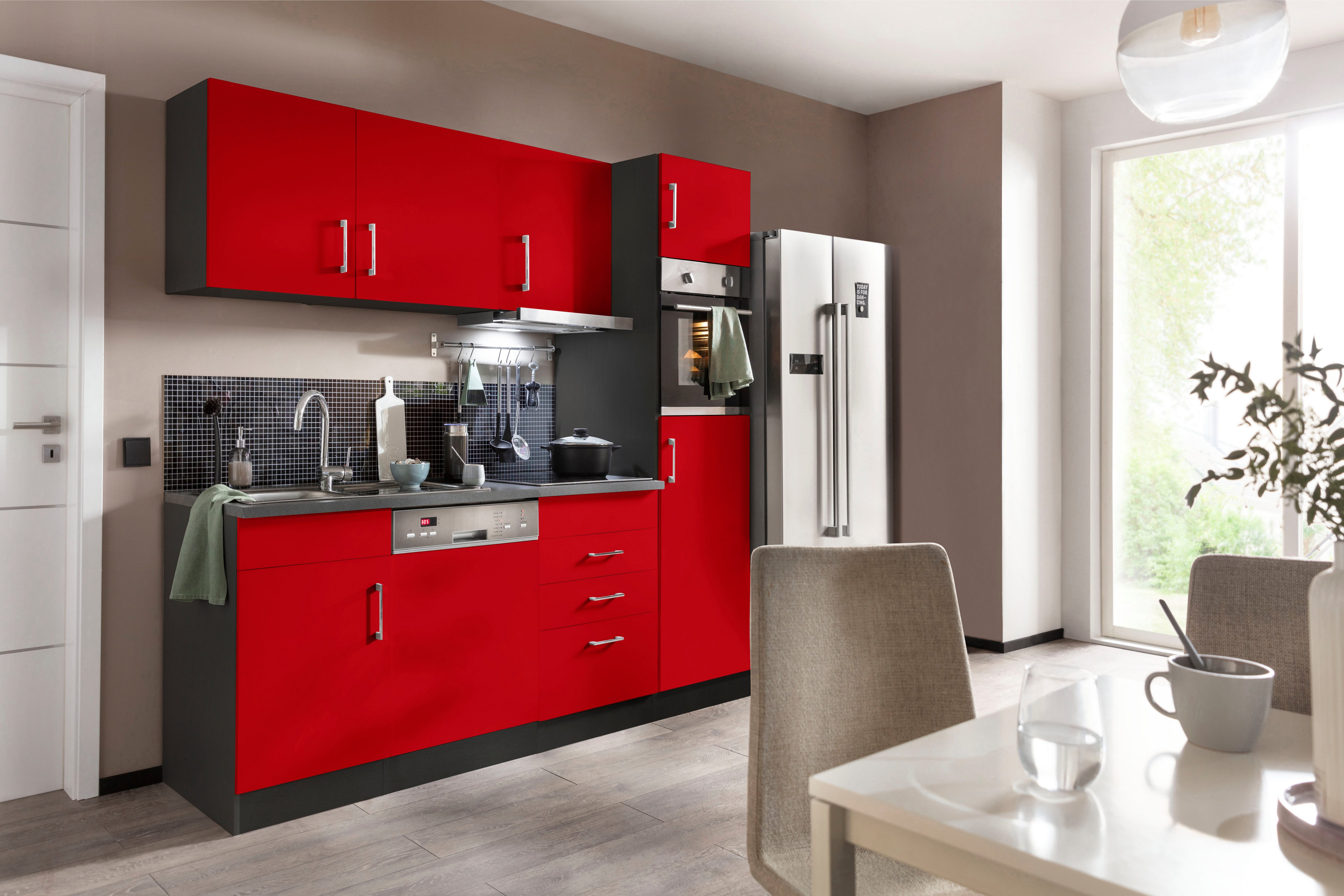 HELD MÖBEL Küchenzeile Paris, mit | E-Geräten, 230 Induktionskochfeld wahlweise grafit mit rot/grafit cm, Breite