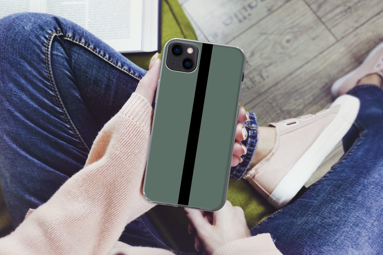 MuchoWow Handyhülle für Apple iPhone 13 mini Grün - Schwarz - Gestreift - Minimalistisch, Smartphone-Bumper, Print, Handy Schutzhülle Dünn
