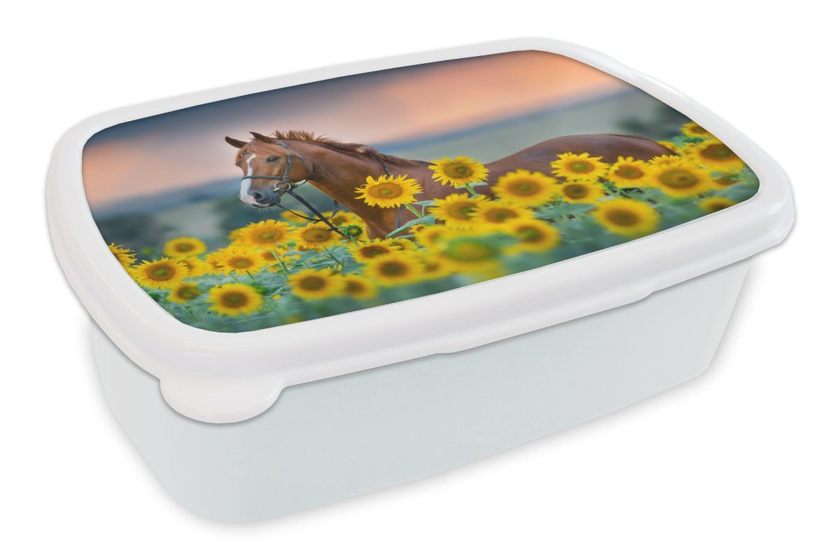 MuchoWow Lunchbox Pferd - Sonnenblume - Himmel - Pastell, Kunststoff, (2-tlg), Brotbox für Kinder und Erwachsene, Brotdose, für Jungs und Mädchen weiß