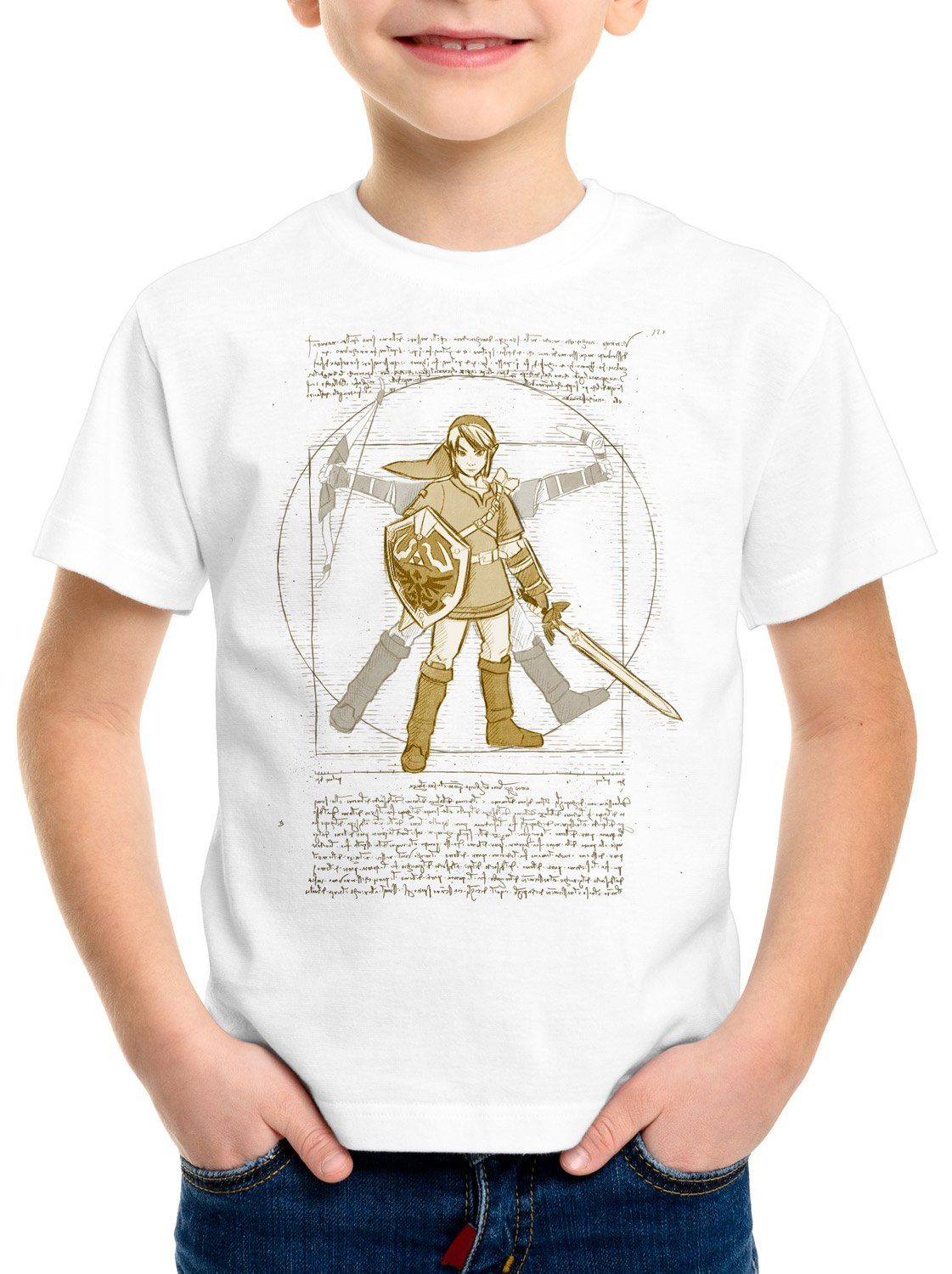 style3 Print-Shirt Kinder T-Shirt Vitruvianischer Link zelda snes nes legend ocarina weiß