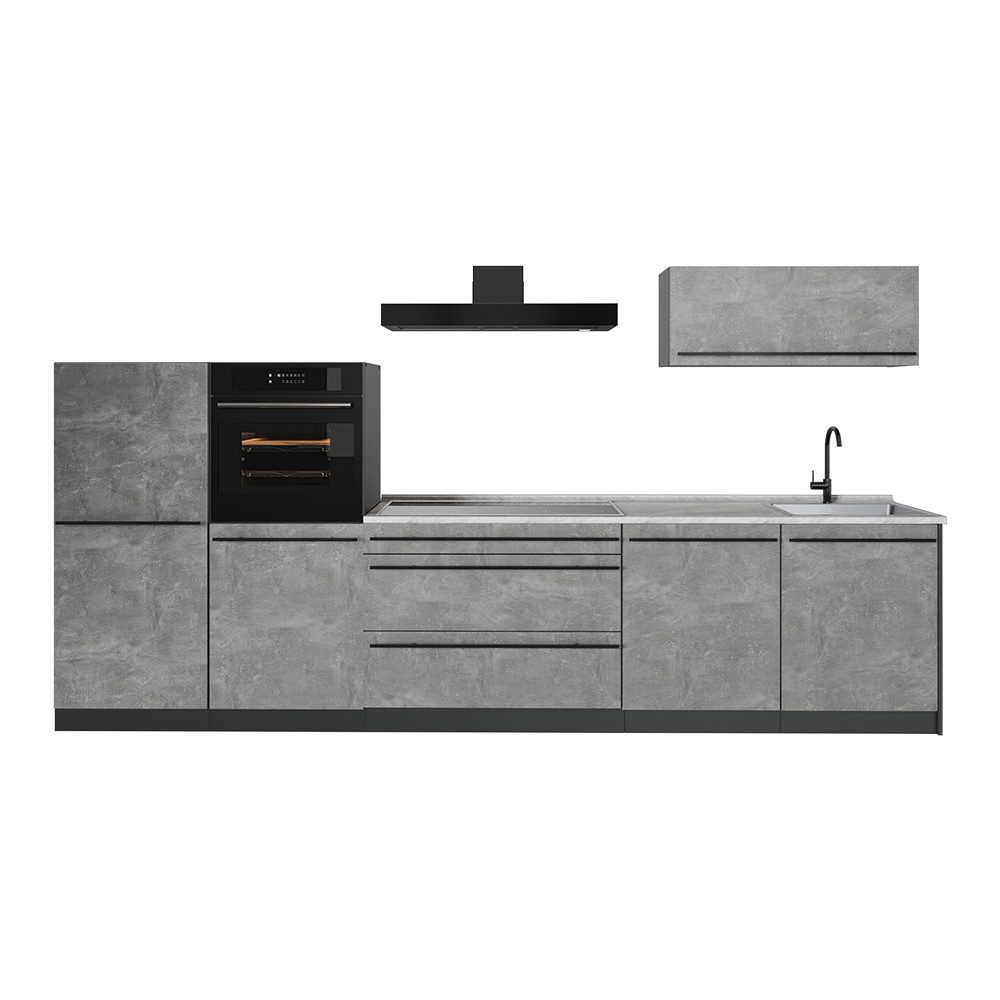 Vicco Küchenzeile R-Line, Beton/Anthrazit, 340 cm Arbeitsplatte Marmor