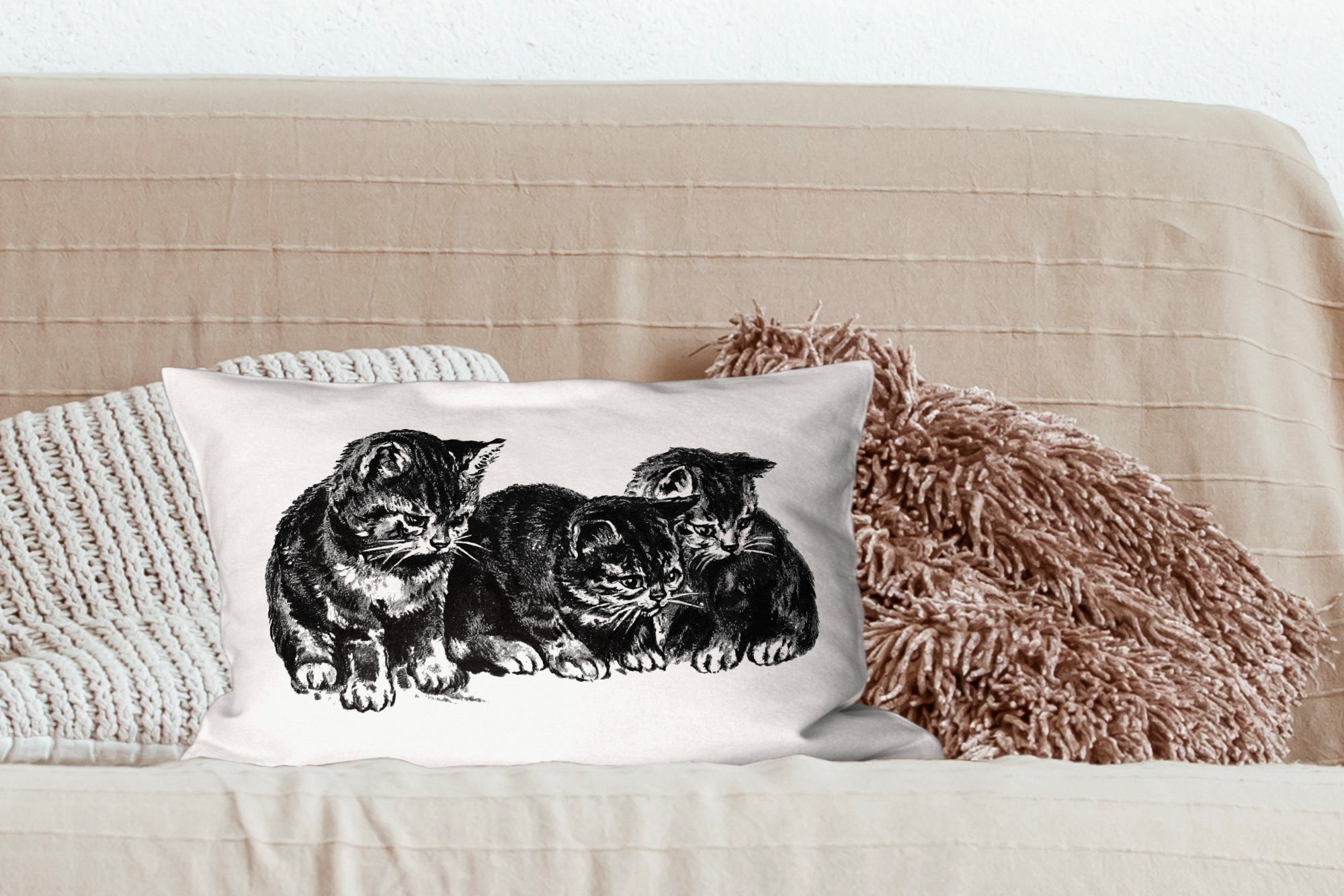 mit - Dekoration, Dekokissen Retro Dekokissen Tiere, Zierkissen, MuchoWow Schlafzimmer Katze - Füllung, Wohzimmer