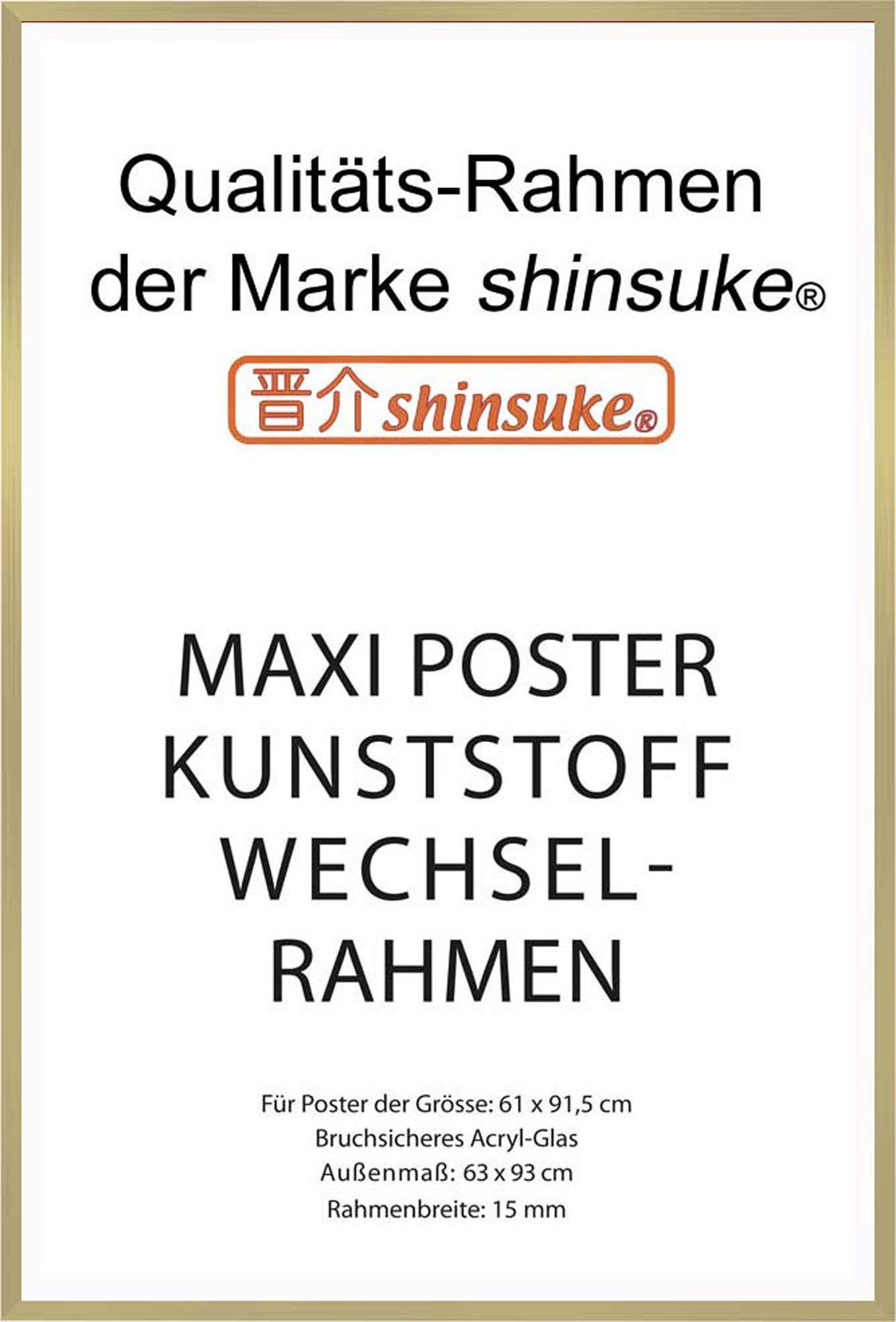 empireposter Rahmen Posterrahmen Wechselrahmen Shinsuke® Maxi-Poster Profil: 15mm Kunststoff 61x91,5cm, Farbe gold mit Acryl-Scheibe