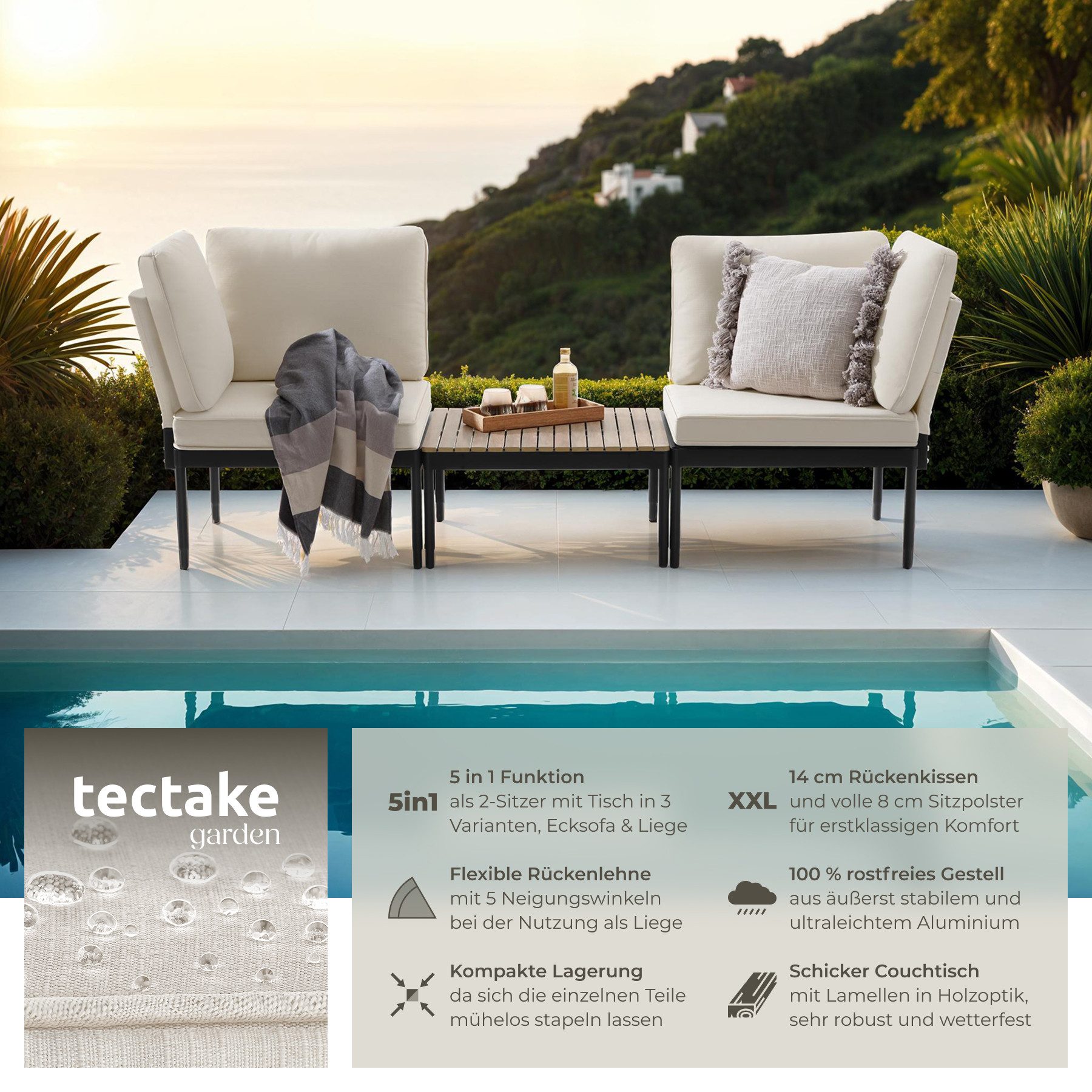 tectake Gartenlounge-Set Aluminium Gartenlounge-Set, (Set., 3-tlg), Kompakter Couchtisch mit Lamellen in natürlichem Holzlook