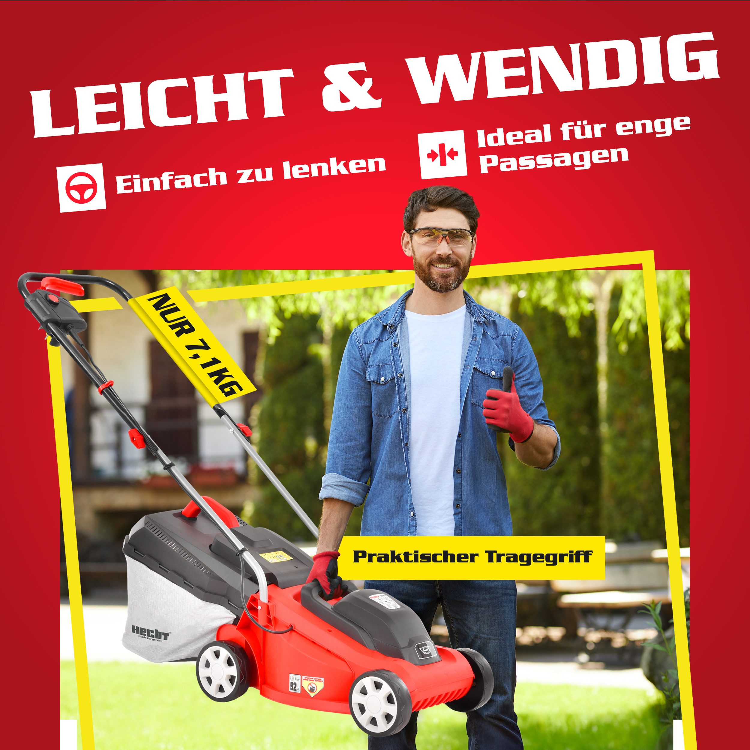 Hecht electric lawnmower 1300W, 30L grass catcher, 3-stage cutting height adjustment 20 – 60 mm, 33 cm cutting width, cable strain relief, carrying handle