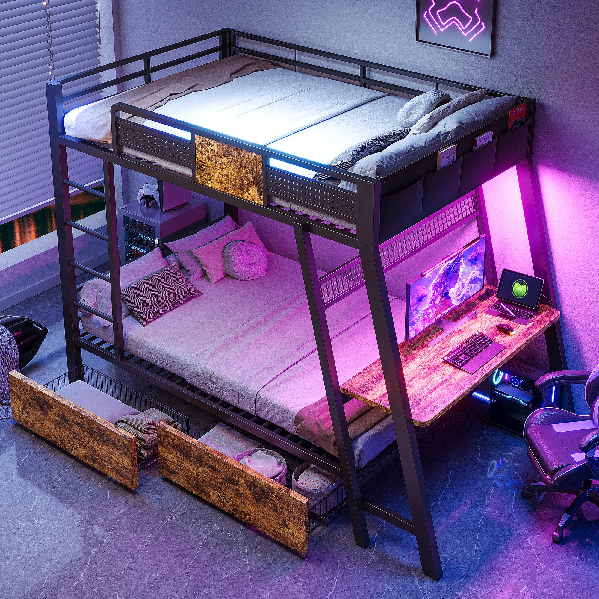 OKWISH Etagenbett Jugendbett Metallbett (90x200 cm, mit USB- und Type-C-Ladeanschluss sowie praktischen Aufbewahrungskörben), Kinderbett Eisenbett, ohne Matratze