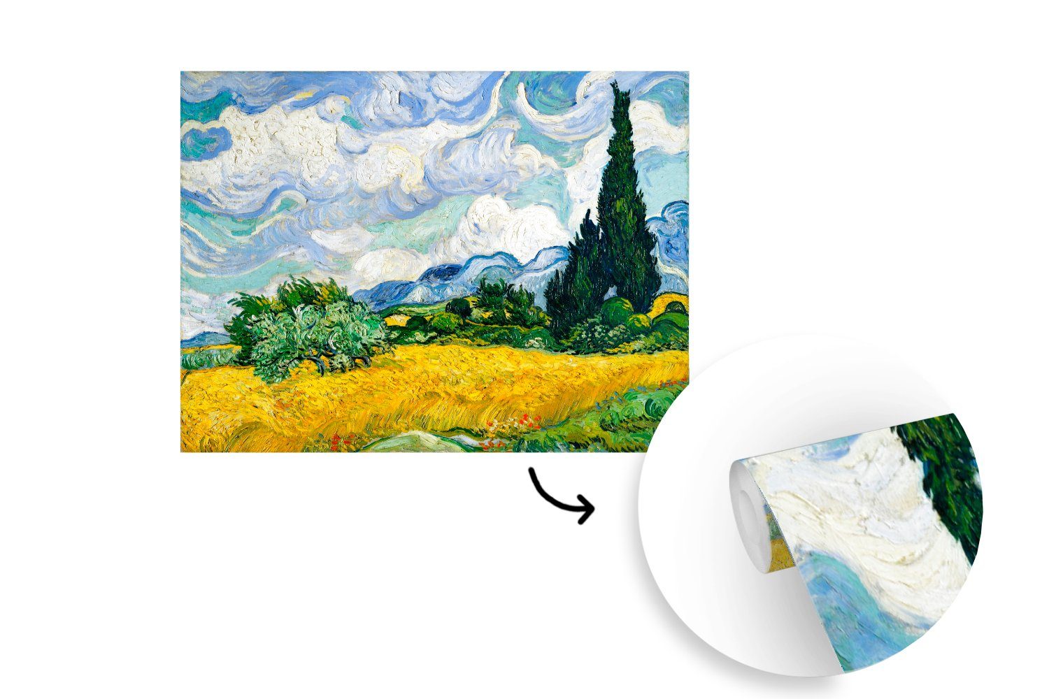 MuchoWow Gogh, bedruckt, Montagefertig Zypressen Wandtapete mit (5 Tapete Fototapete Weizenfeld van Vinyl Vincent Wohnzimmer, - St), Matt, für