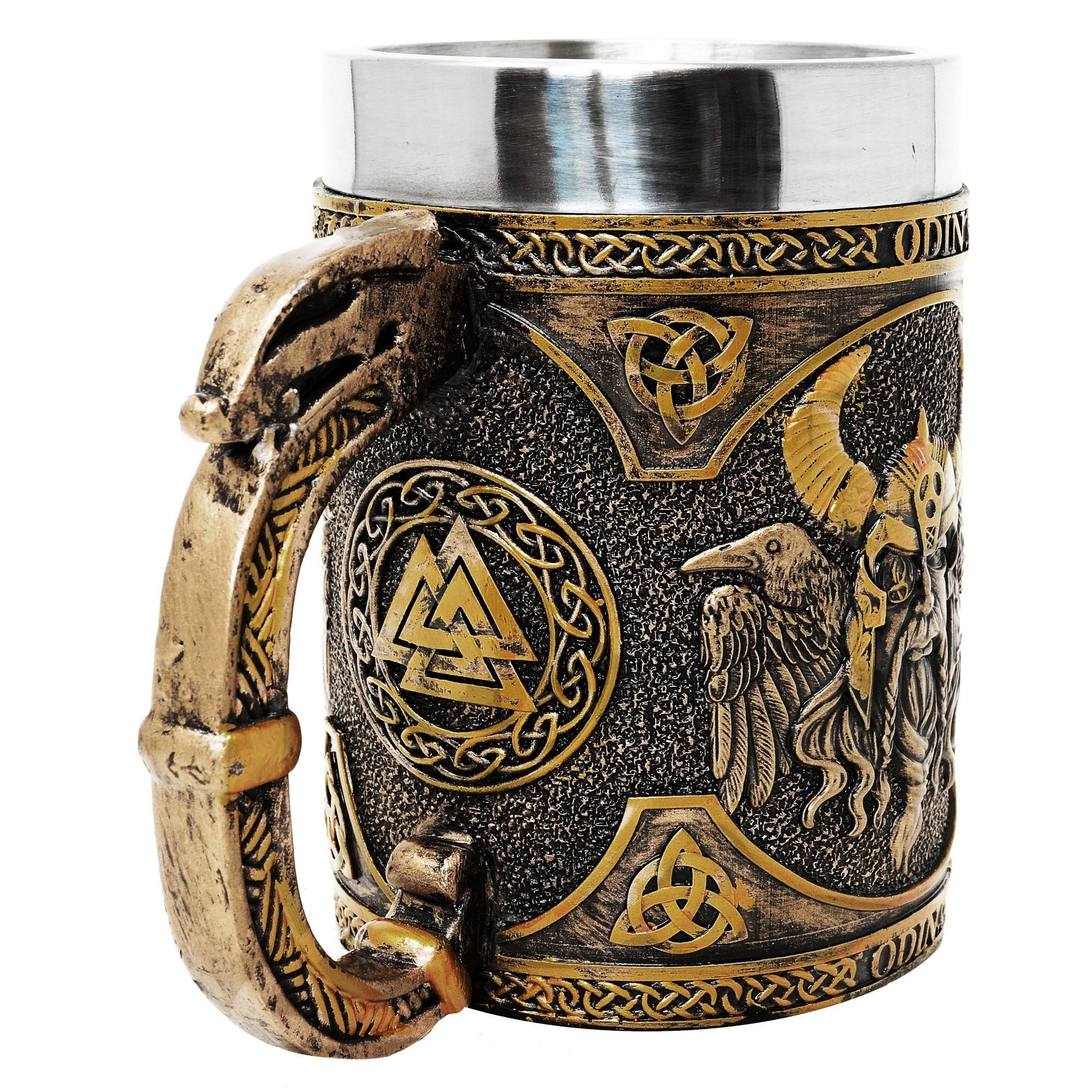 MystiCalls Bierkrug XL Krug Odin 0,5l Fassungsvolumen Wikingerkrug Wikinger Gott, 1-tlg., Polyresin, Herausnehmbarer Metalleinsatz