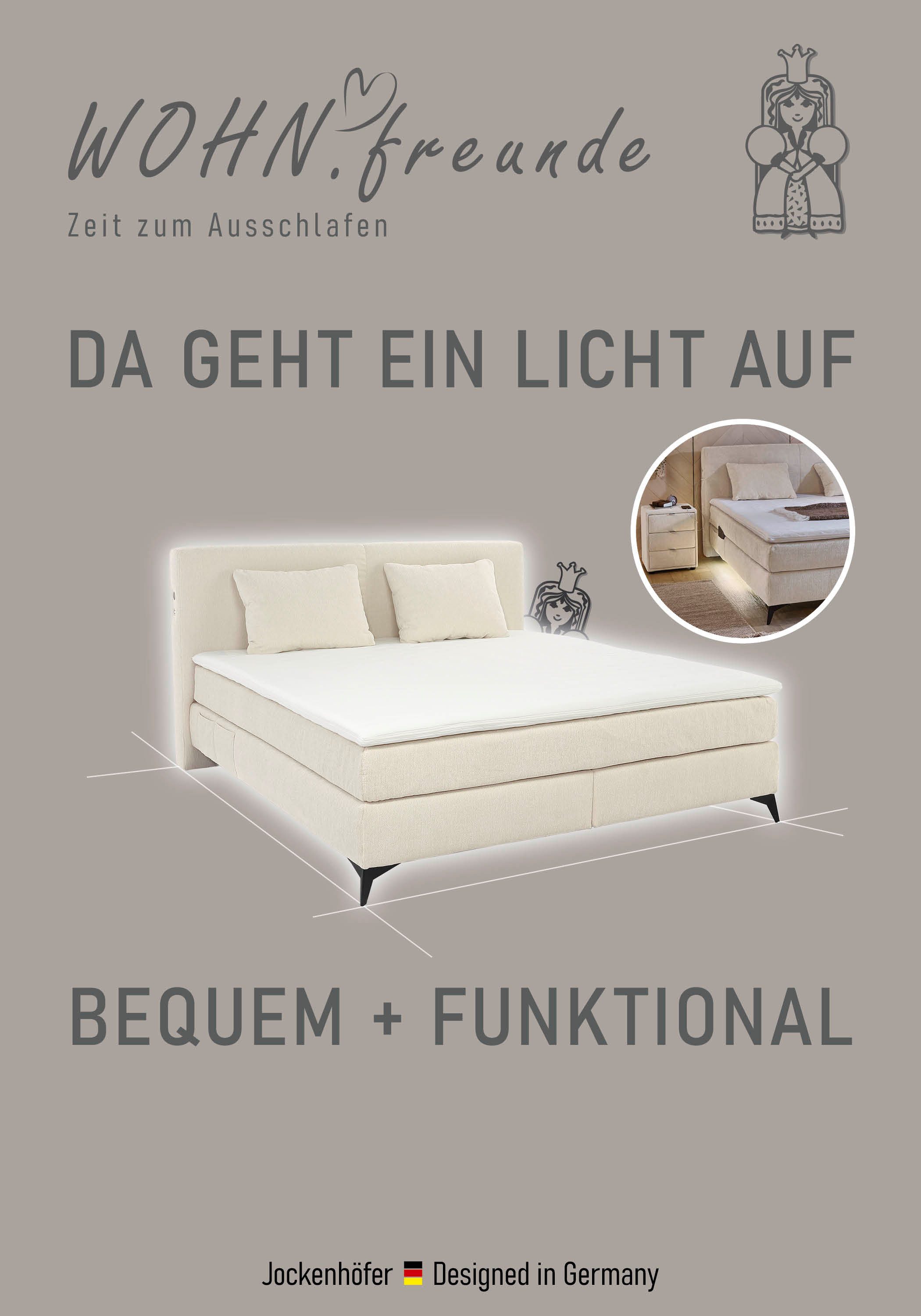Jockenhöfer Gruppe Boxspringbett Kira in den Breiten 160x200 & 180x200cm, inkl. LED-Bel., USB-Ladeports, 7-Zonen-Matr., Topper, div. Härtegrade