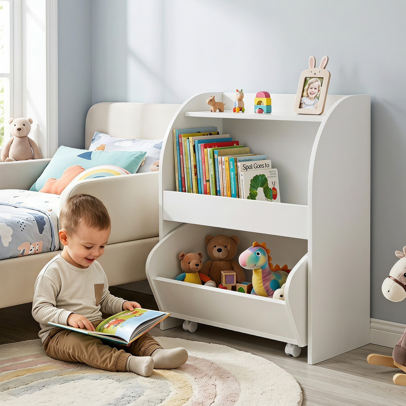 COSTWAY Kinderregal, Bücherregal Kinder aus Holz mit Schublade auf Rollen