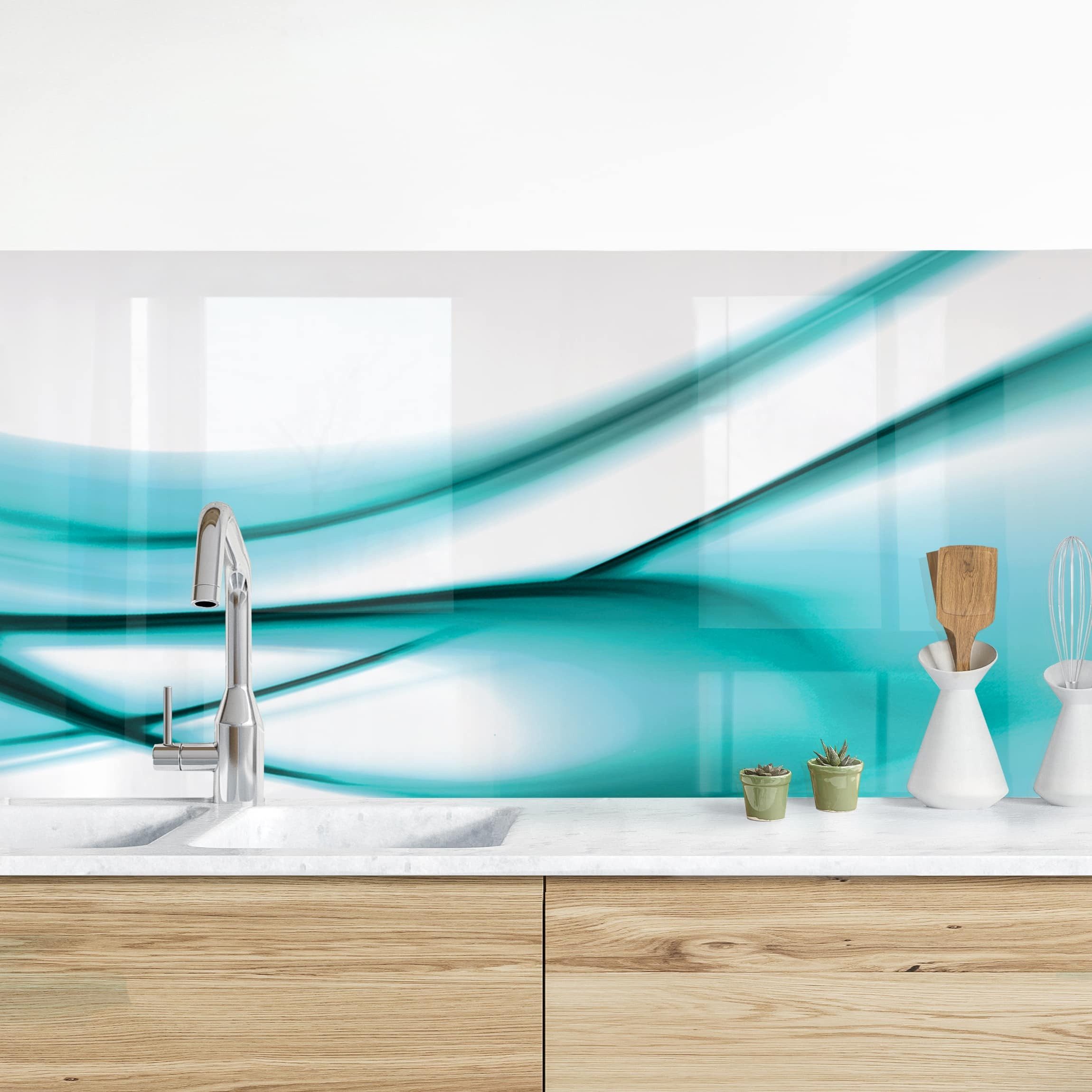 Bilderdepot24 Küchenrückwand selbstklebend türkis mit Motiv Abstrakt, (1-tlg., Nischenrückwand - für Fliesenspiegel ohne Bohren - glänzend), Nischenrückwand fugenlos Wandpaneel Küche Herd