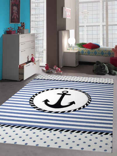 Kinderteppich Kinderteppich Maritim Kinderzimmerteppich Jungen Teppich mit Anker in Blau Creme, Teppich-Traum, rechteckig, Höhe: 13 mm