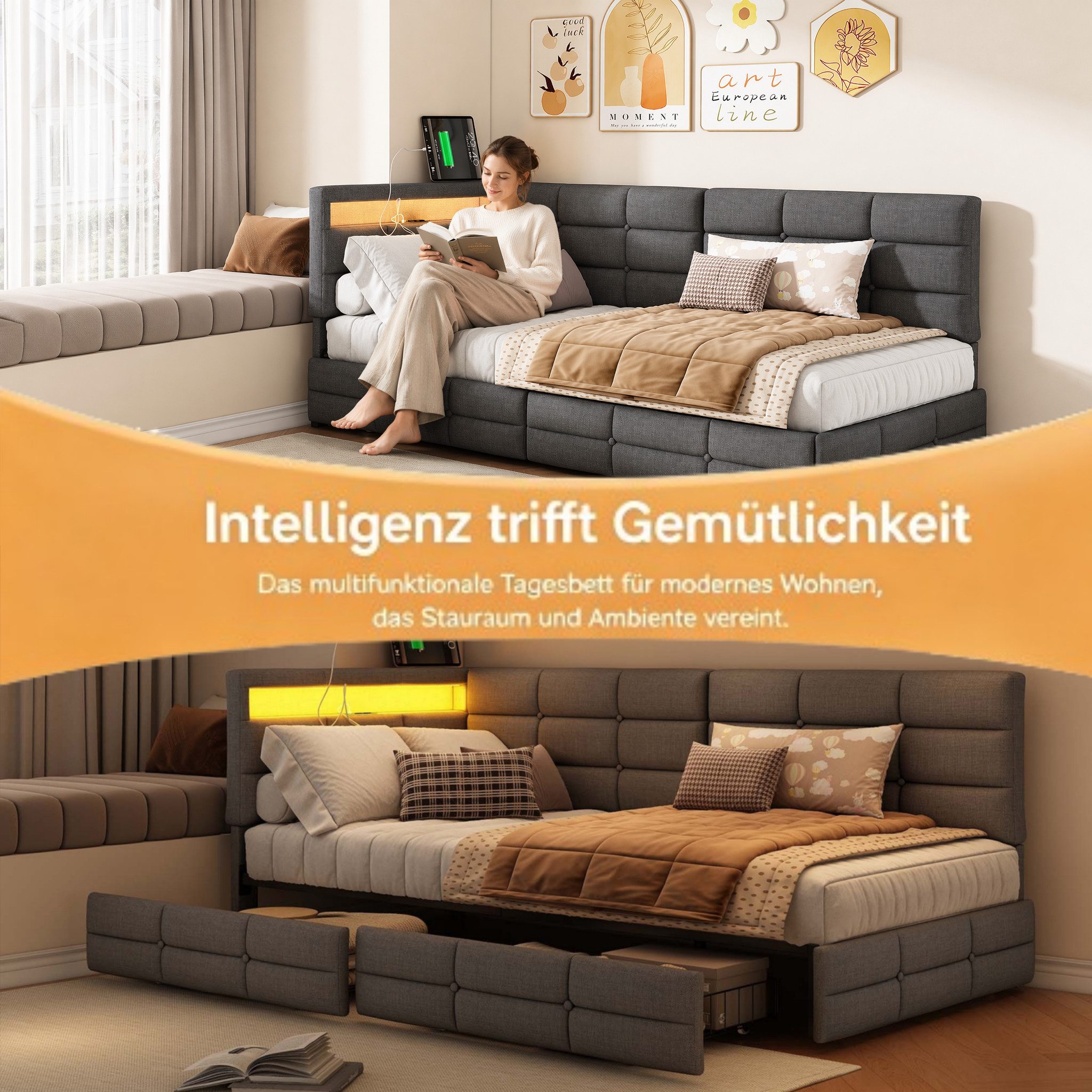 Simurq Daybed Modernes Tagesbett 90x200 cm, Polsterbett in Leinenoptik, Jugendbett, Holzlattenrost, mit Schubladen, mit USB Port+LED, Gästebett