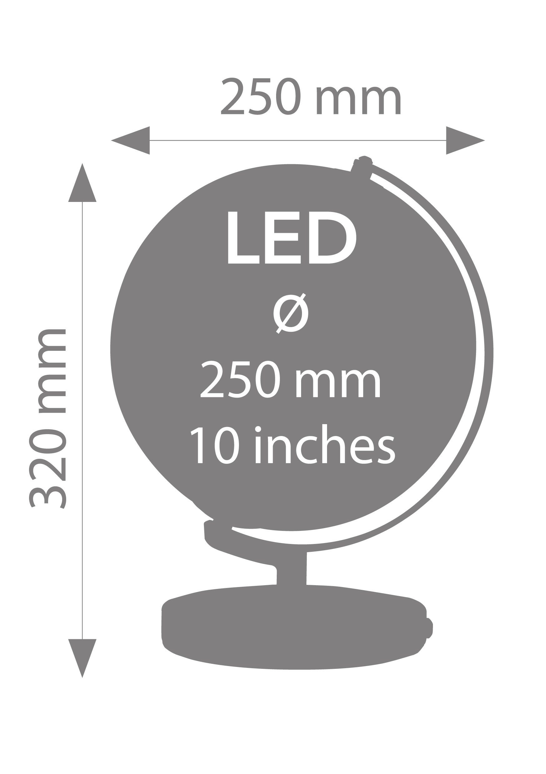TROIKA Globus TERRA LIGHT, Warmweiß LED Tischglobus, drehbarer Achse & Metallfuß, (25 cm Durchmesser), 25 x 25 x 30 cm, englische Beschriftung, verschiedene Farben