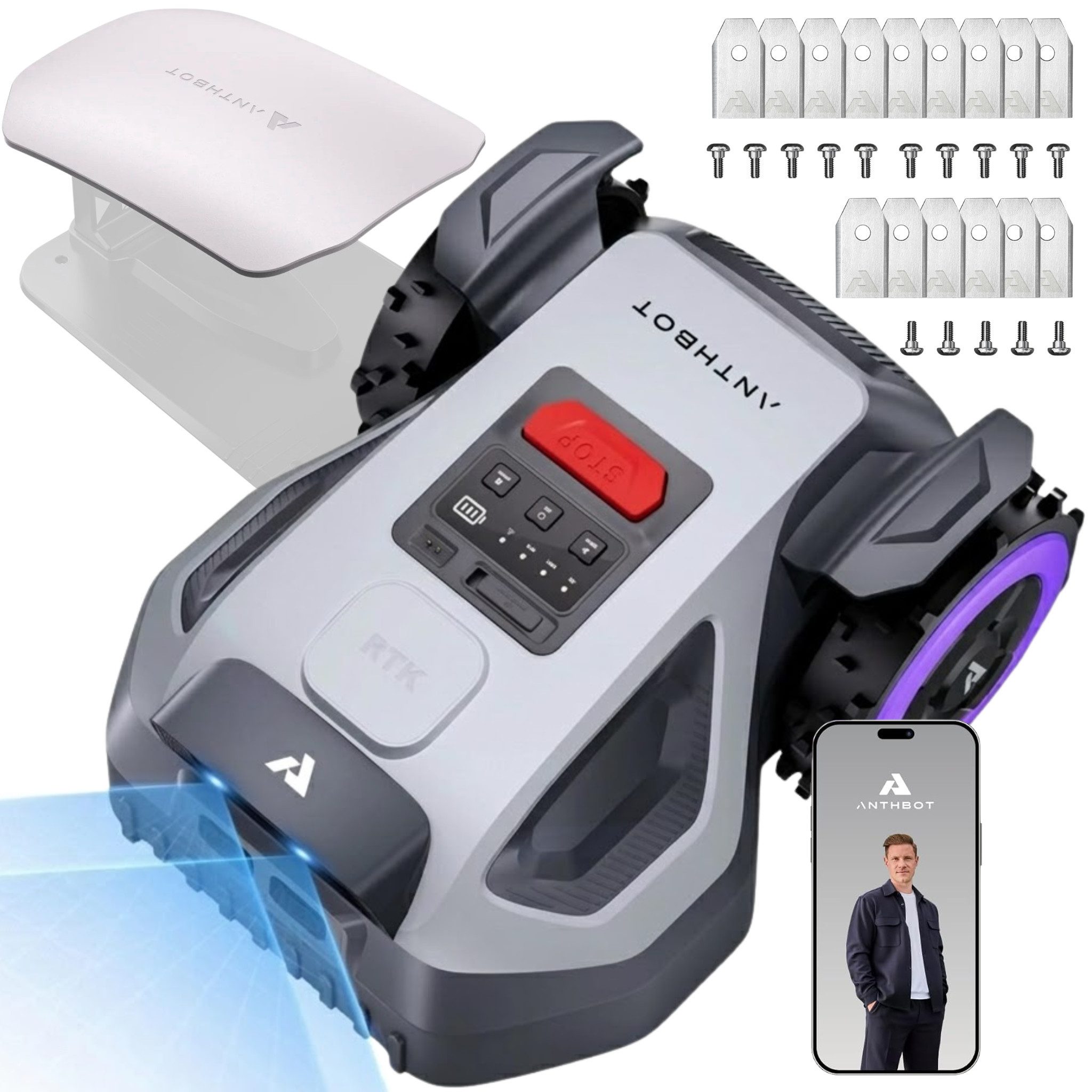 ANTHBOT Rasenmähroboter M-Serie Set, Mähroboter ohne Begrenzungskabel, bis 1200 m² Rasenfläche, (RTK-Navigation • HDR-Dual-Vision • 45% Steigung), Kantenmähen, Multizonen, Schnitthöhe per App, IPX6