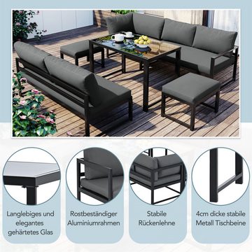 autolock Gartenlounge-Set Aluminium Sitzgruppe,mit Liegefunktion,verstellbare Rückenlehne, Tisch mit Sicherheitsglasplatte,weiche Sitz-und Rückenkissen