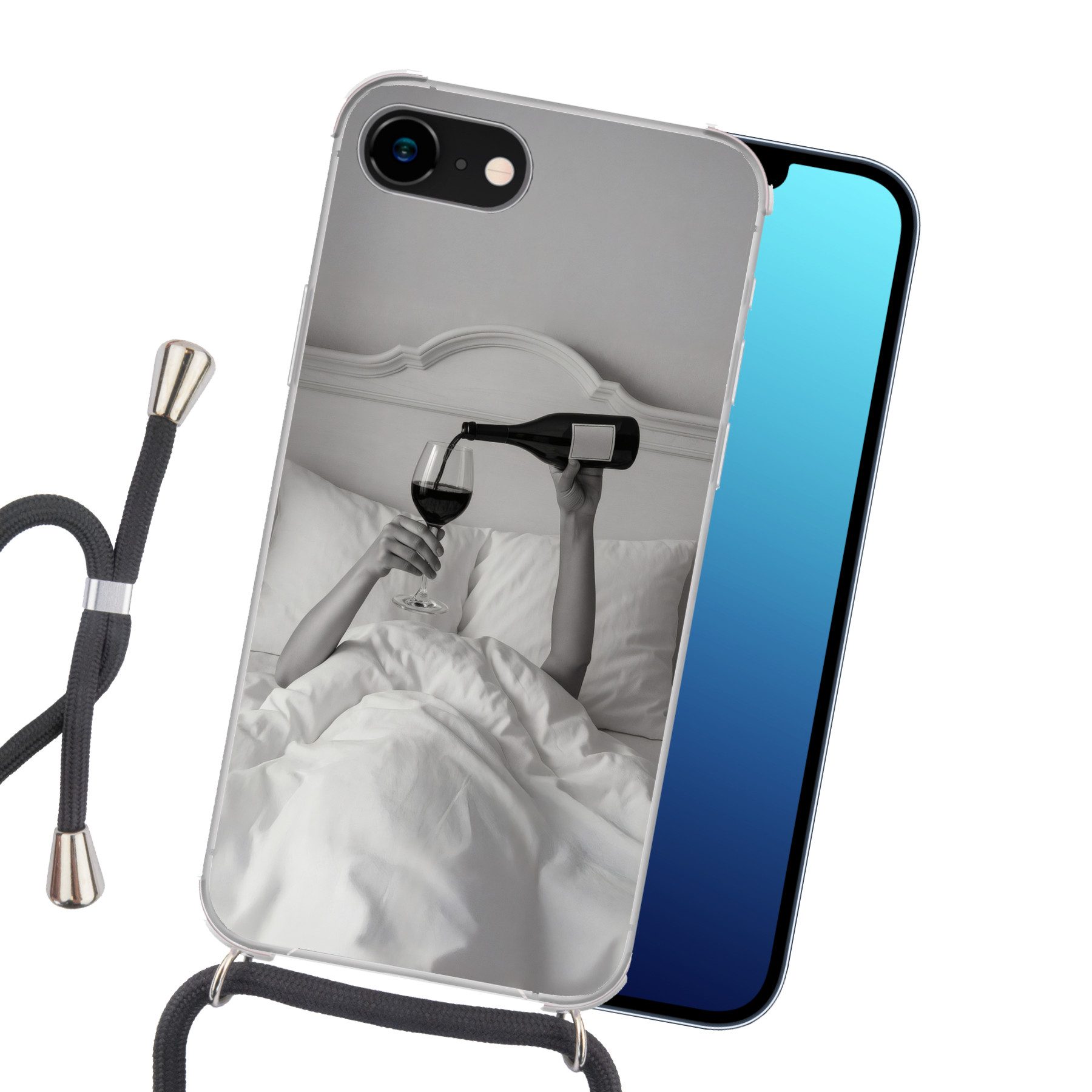 MuchoWow Handyhülle für Apple iPhone 8 Laken - Arme - Wein - Glas, Tragbare Handyhüllen mit Kette zum umhängen, Handykette Handyband