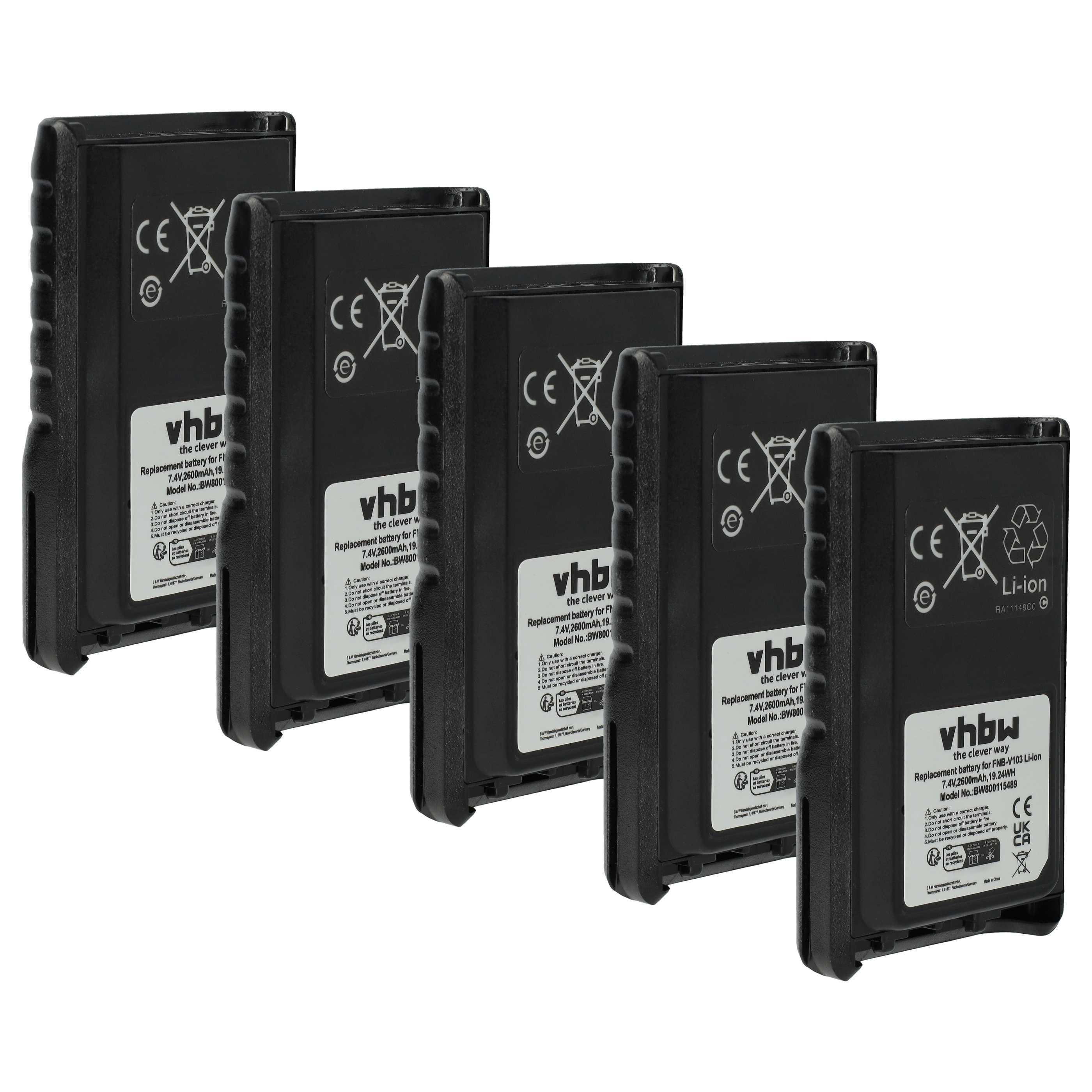 vhbw Akku Ersatz für Yaesu Vertex FNB-V131Li, FNB-V103, FNB-V104, Akku Akku Li-Ion 2600 mAh (7,4 V, 5 St), Leistungsfähige Austausch-Akkus für Ihr Funkgerät, Walkie-Talkie
