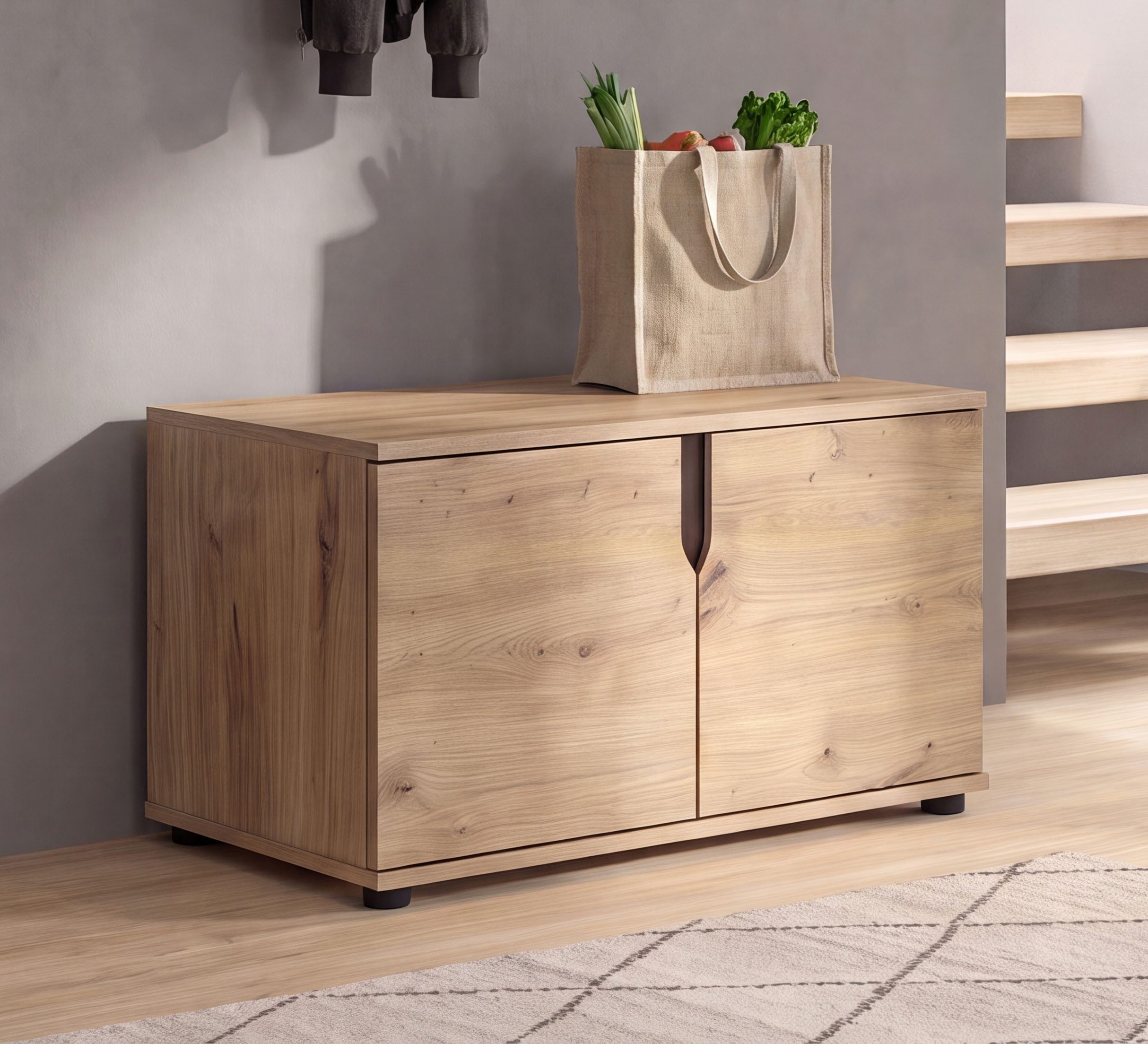 OTTO home Sitzbank FJELL, Breite 80cm, 2 Türen, 2 Einlegeböden, 4 Fächer (hochwertig verarbeitete Materialien, praktische Griffaussparung), Bank Truhe, Kommode, Garderobenbank, Dielenbank