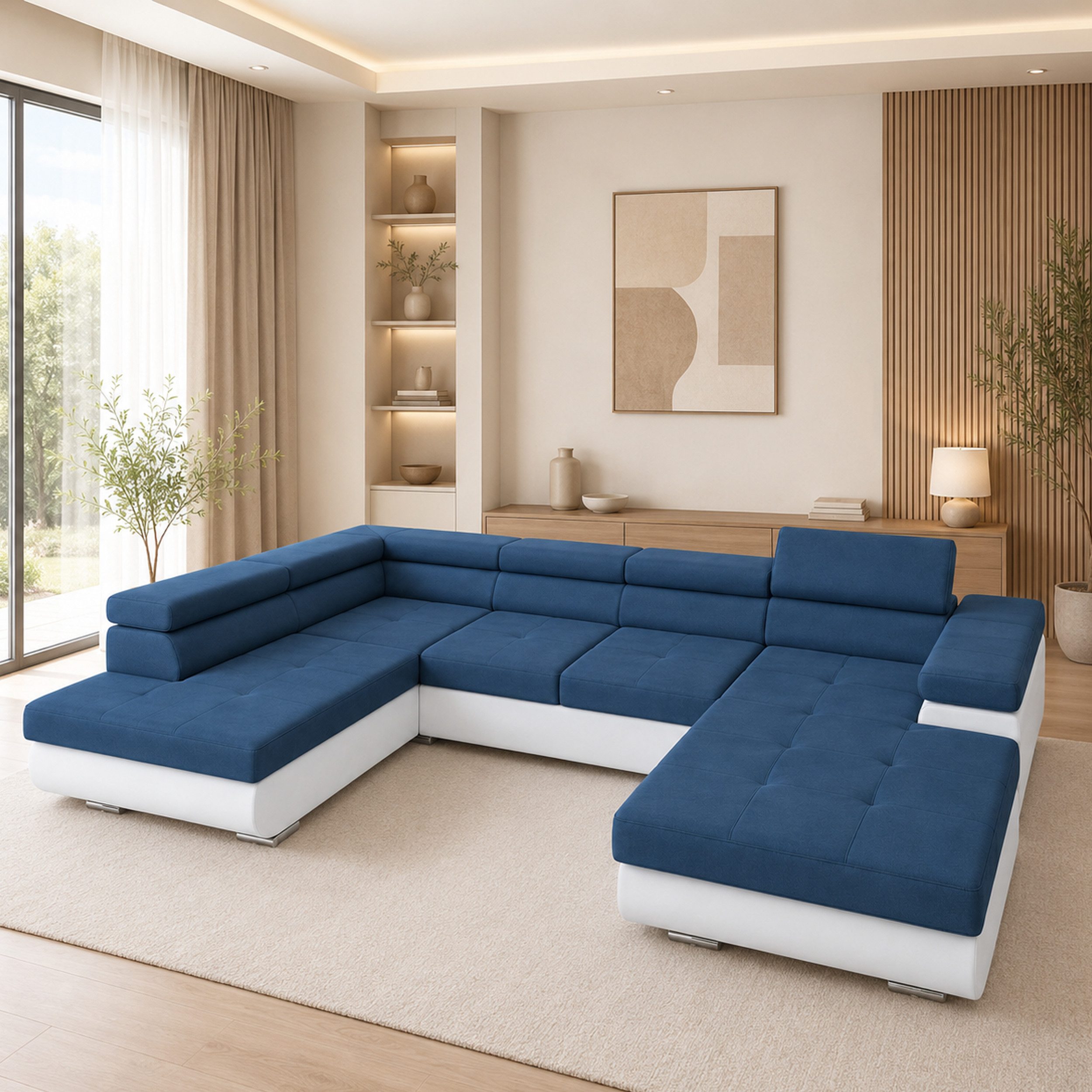 Goldstoff Wohnlandschaft RELAX U Ecksofa mit Schlaffunktion, Kunstleder & Samt, 345 × 205 cm, zwei Bettkästen, verstellbare Kopfstützen