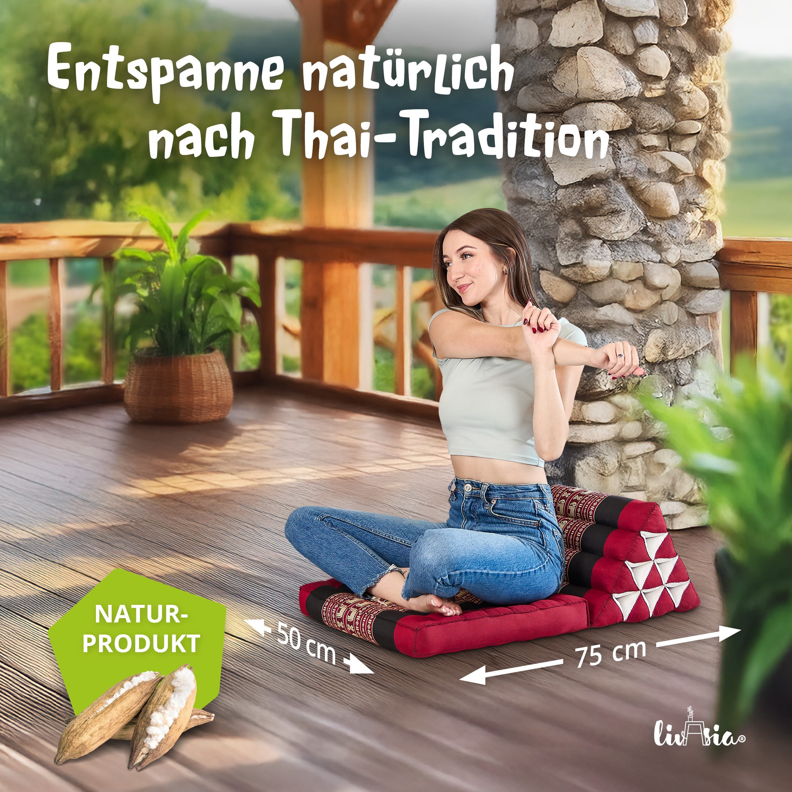 livasia Sitzsack Thaikissen 1 Auflage, vegan und handgefertigt, 75x50x8cm, Kapok