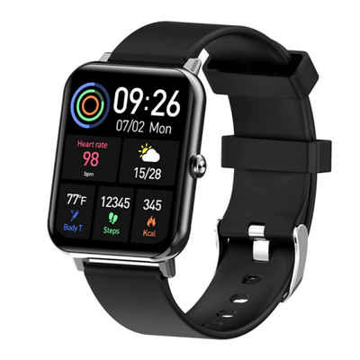 TPFNet SW16 Smartwatch (1.69 Zoll, Android), mit Temperaturmessung, mit Blutdruck- & Pulsmesser, Musiksteuerung, Schrittzähler, Kalorien, Social Media etc., Schwarz