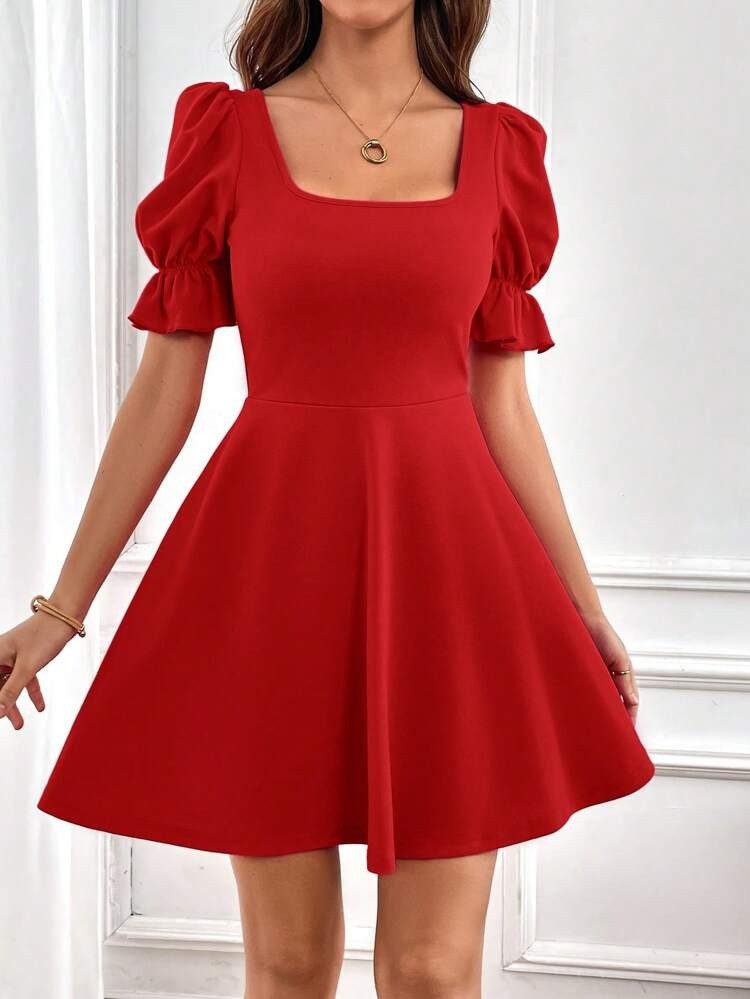 Moda Yakamoz Minikleid Damen Kurzarm Square Neck Flared Crepe Kleid