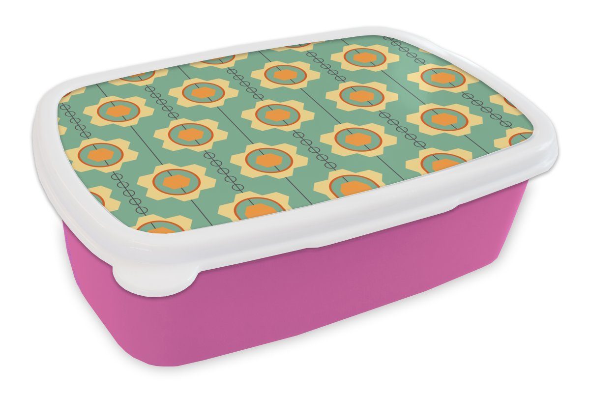 MuchoWow Lunchbox Sonnenblume - Muster - Zahnräder - Retro, Kunststoff, (2-tlg), Brotbox für Erwachsene, Brotdose Kinder, Snackbox, Mädchen, Kunststoff rosa