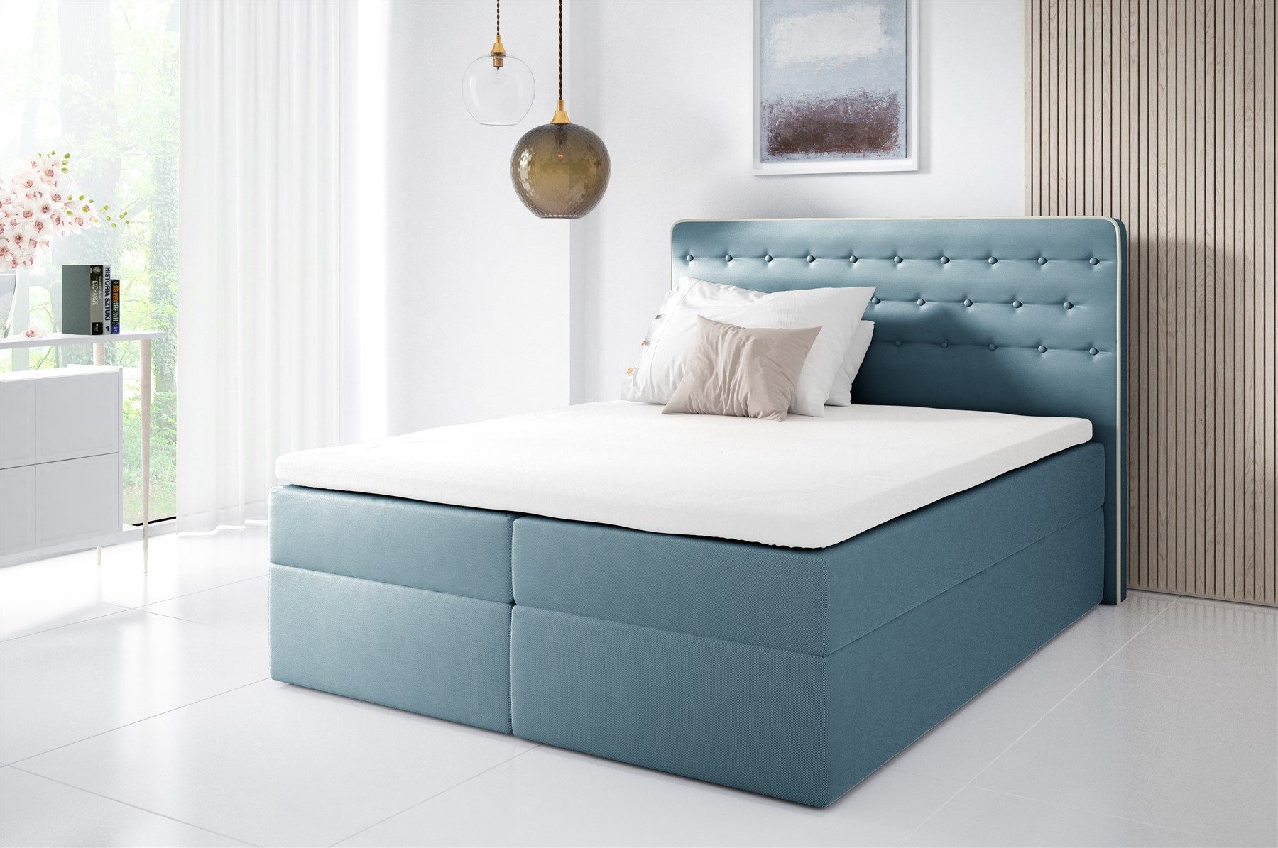 Fun Möbel Boxbett Schlafzimmerbett MARCA in Stoff (Gepolstertes Kopfteil und gepolsterte Bettkästen, Inkl. Bettkasten), Inkl. Topper