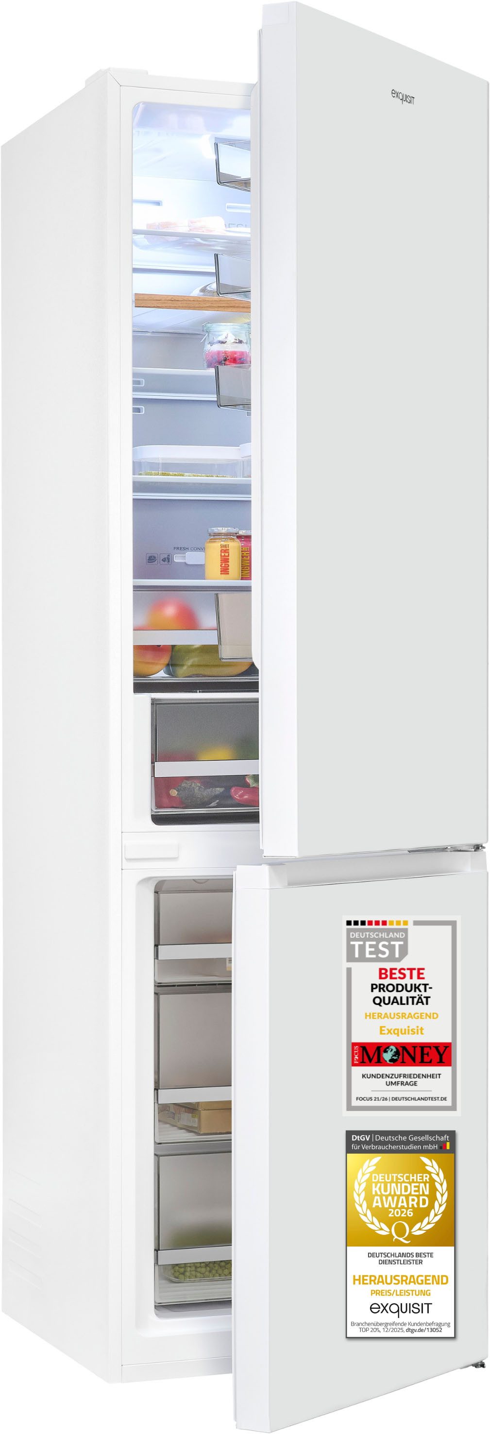 exquisit Kühl-/Gefrierkombination KGC380-115-NF-040A weiss, 200,5 cm hoch, 59,5 cm breit, NoFrost-Kühlung – nie wieder abtauen, einfache Pflege & beste Frische