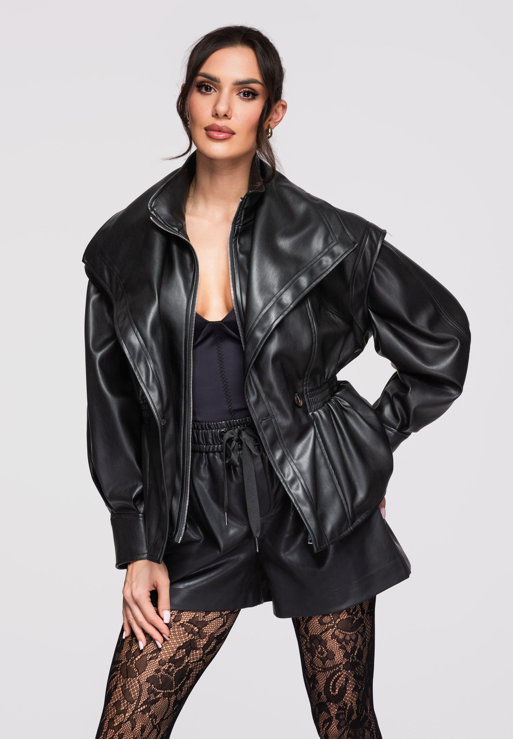 OMBRE Lederimitatjacke Damenjacke mit ausgestelltem Schnitt und hohem Stehkragen