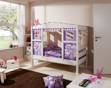 Ticaa Hausbett Hausbett Mini mit Bettkasten "Horse Lila" Kiefer (Set, Bett mit Vorhang im Prinzessinnen-Design), Inklusive Rollrost und Matratze