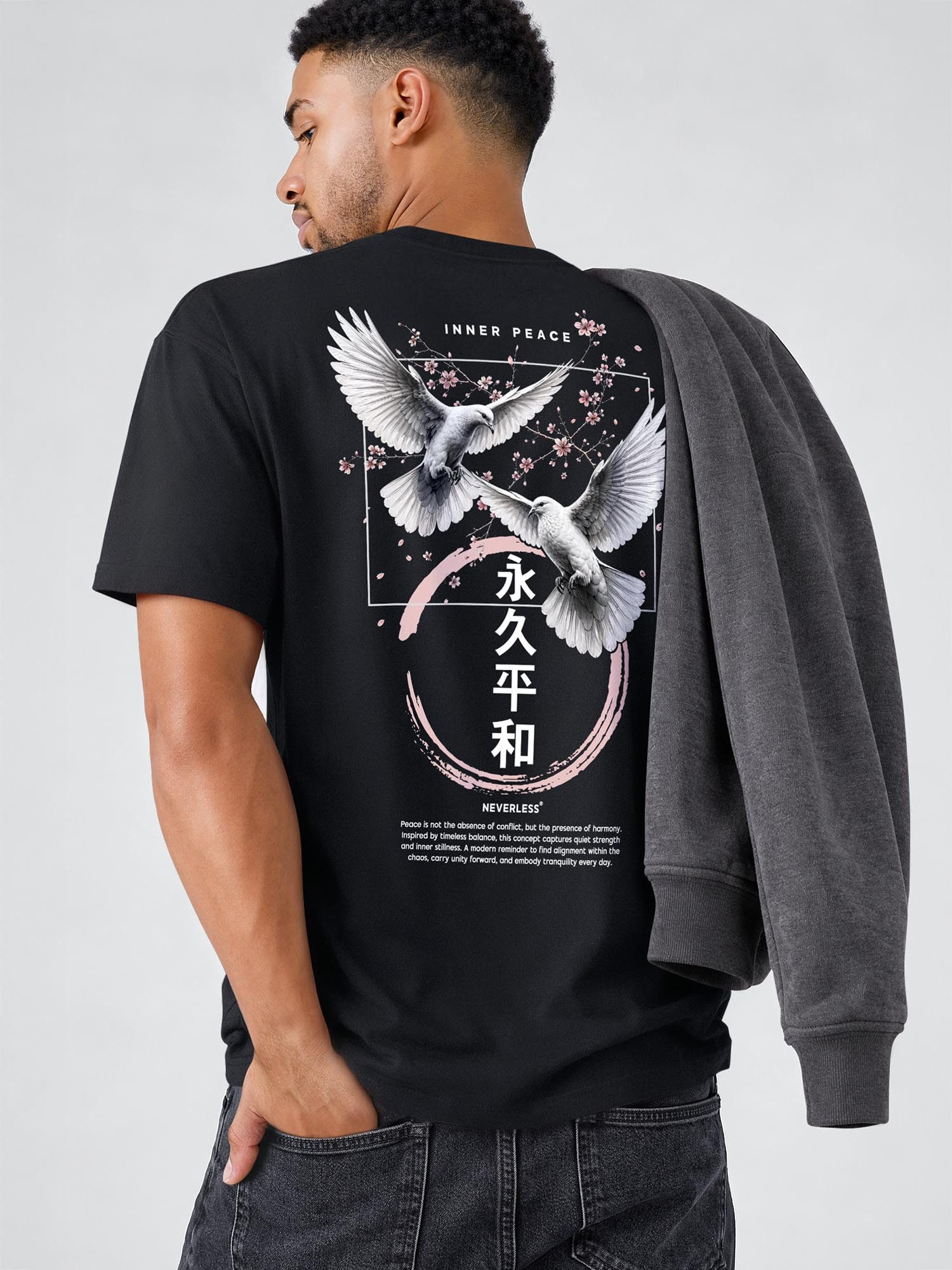 Neverless Oversize-Shirt Herren T-Shirt - Design inner peace sakura - Relaxed Fit Printshirt mit Print – Bild 5 von 5