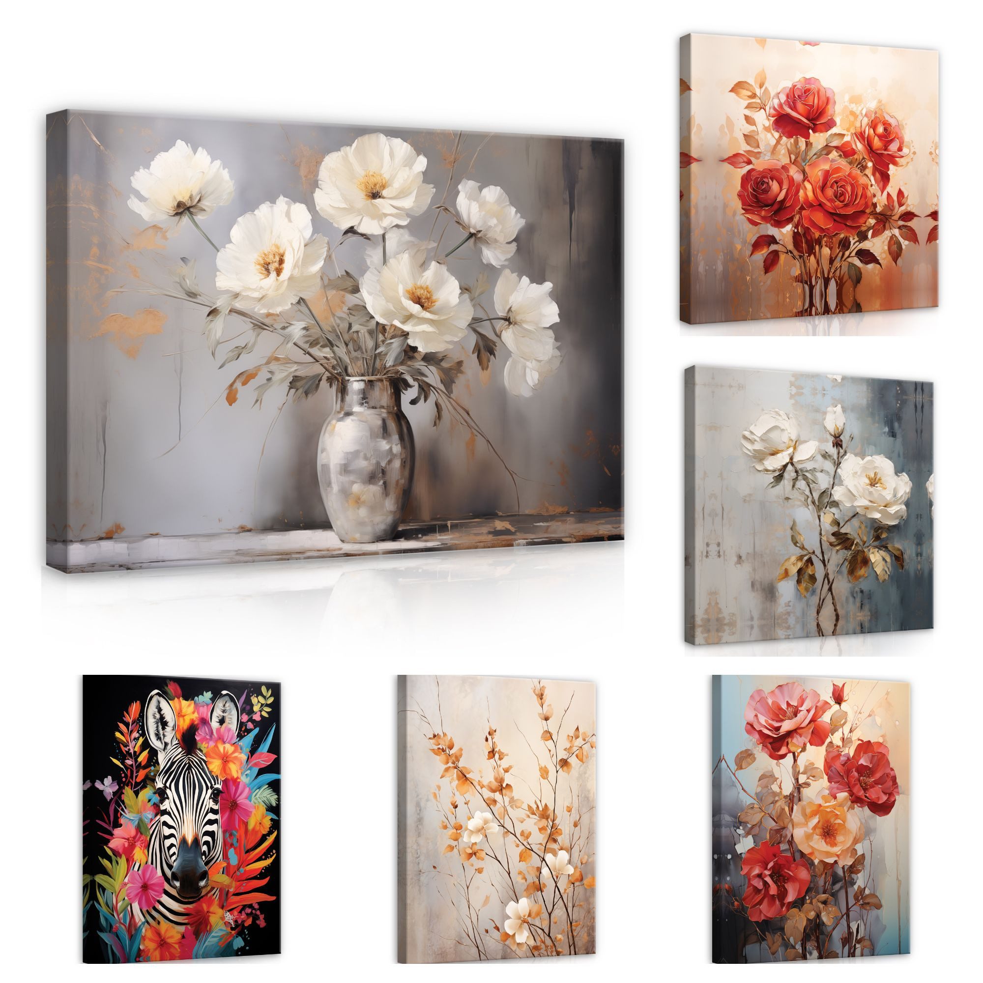 Wallarena Leinwandbild Blumen Vintage Abstrakt Wohnzimmer Schlafzimmer Wandbild Modern, Gemalt Blumen Vintage (Einteilig, 1 St), Wandbilder Leinwandbilder Leinwand Bilder Bild Groß Aufhängefertig