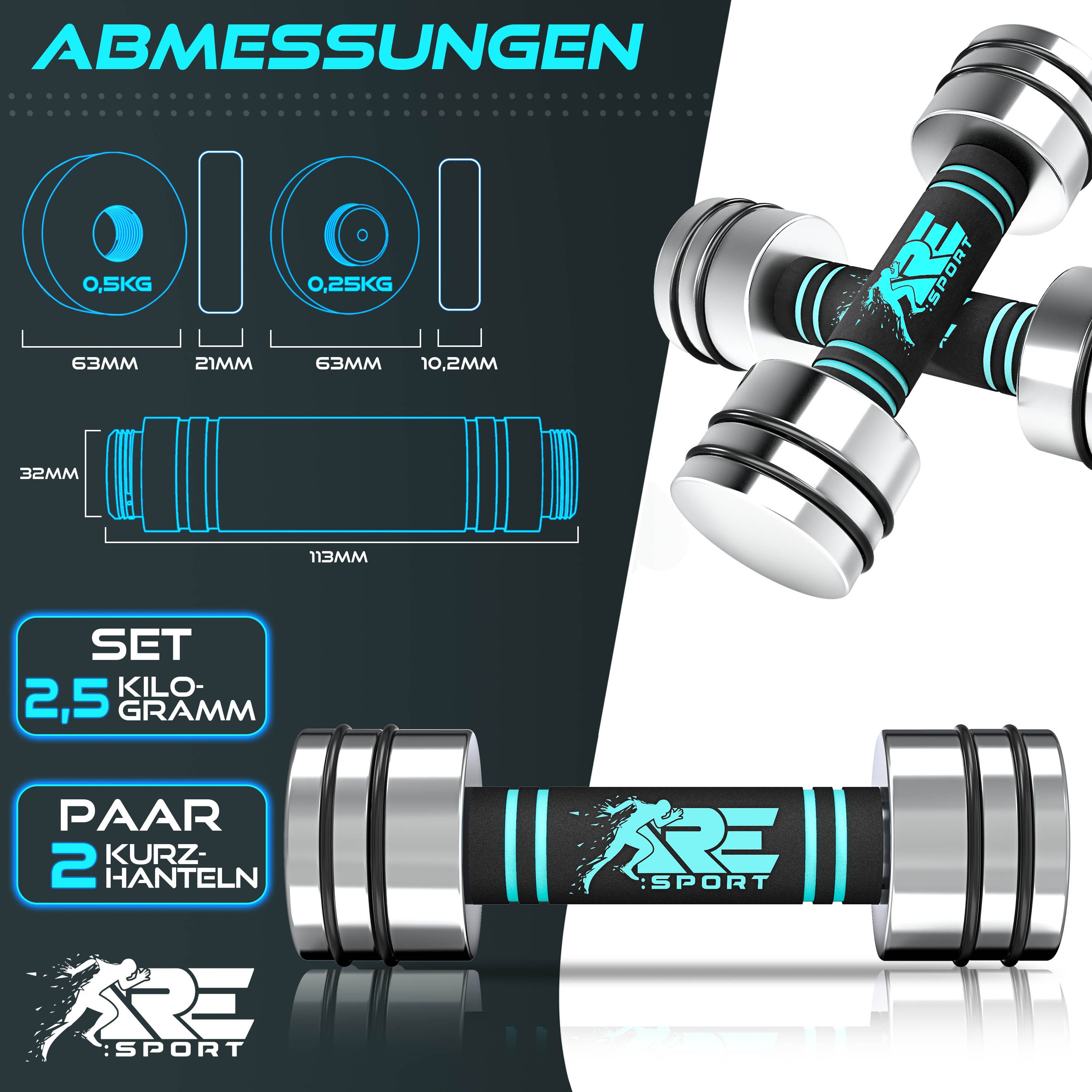 RE:SPORT Hantel RE:SPORT® 2er Hanteln Set aus massivem Stahl 2,5/5/7,5/10 kg, Hantel, (Kurzhanteln Home Gym, Krafttraining & Muskelaufbau, Fitness Kurzhantel mit Gewichten & Schaumstoffgriff), 2er Hanteln Set aus Stahl 2,5/5/7,5/10 kg Hantel