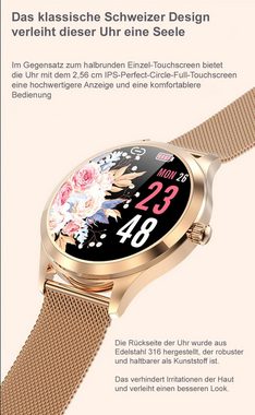 TPFNet SW37 mit Milanaise Armband - individuelles Display Smartwatch (Android), Armbanduhr mit Musiksteuerung, Herzfrequenz, Schrittzähler, Kalorien, Sportmodus etc. - Fitness-Tracker - Gold