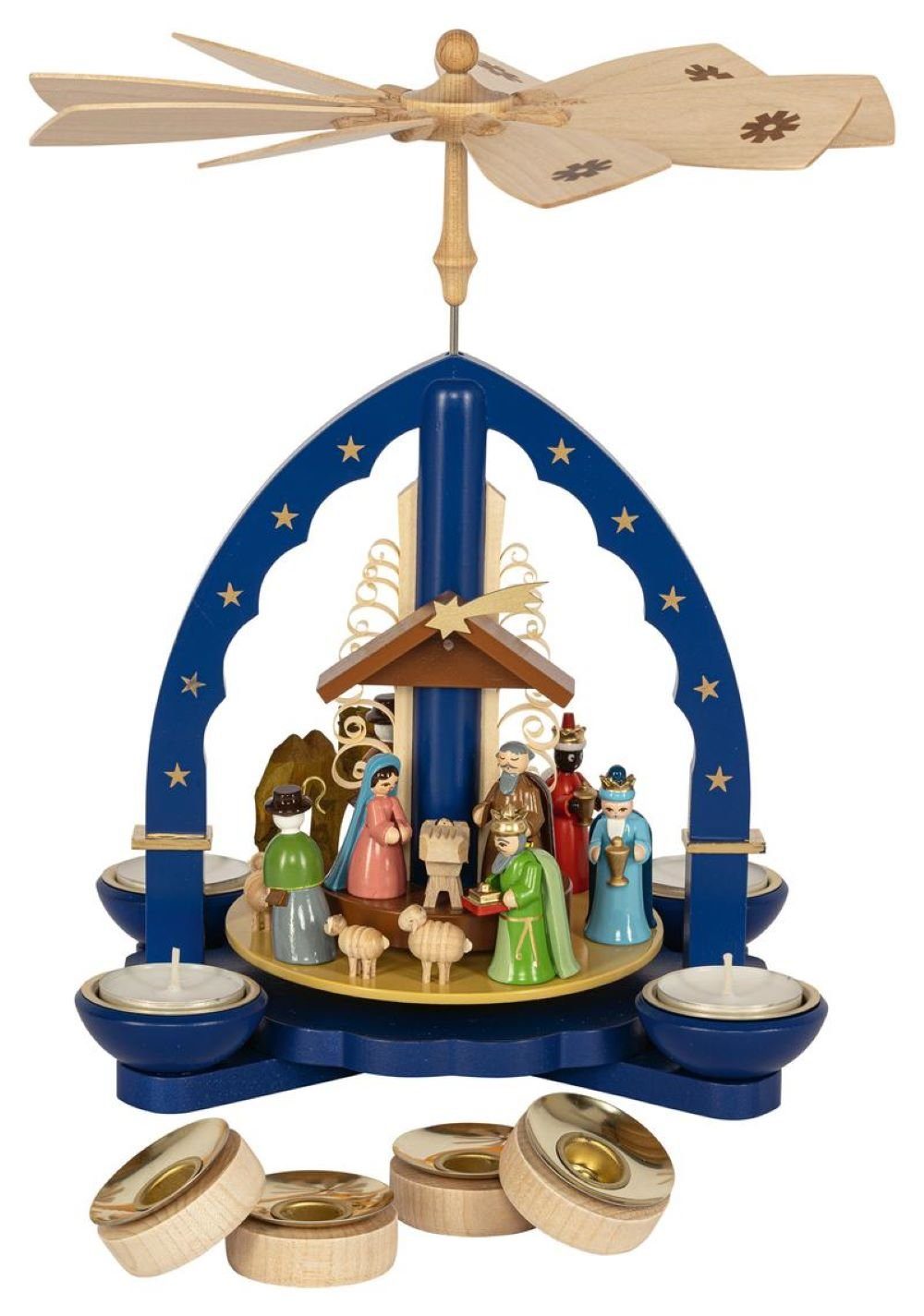 Richard Glaesser Weihnachtspyramide Heilige Drei Könige blau für Teelicht und Свечи, Höhe 27 cm, Handwerkskunst aus dem Erzgebirge