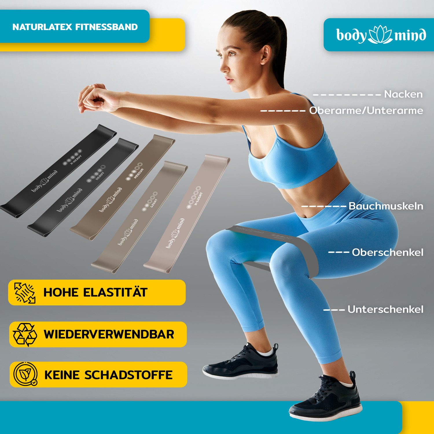 Body & Mind Fitnessrolle Body & Mind Fitnessbänder Set – 5 Widerstandsbänder für Yoga & Kraft (Widerstandsbänder in 5 Stufen, Traingsbänder für Muskelaufbau), Yoga, Pilates & Work-Out