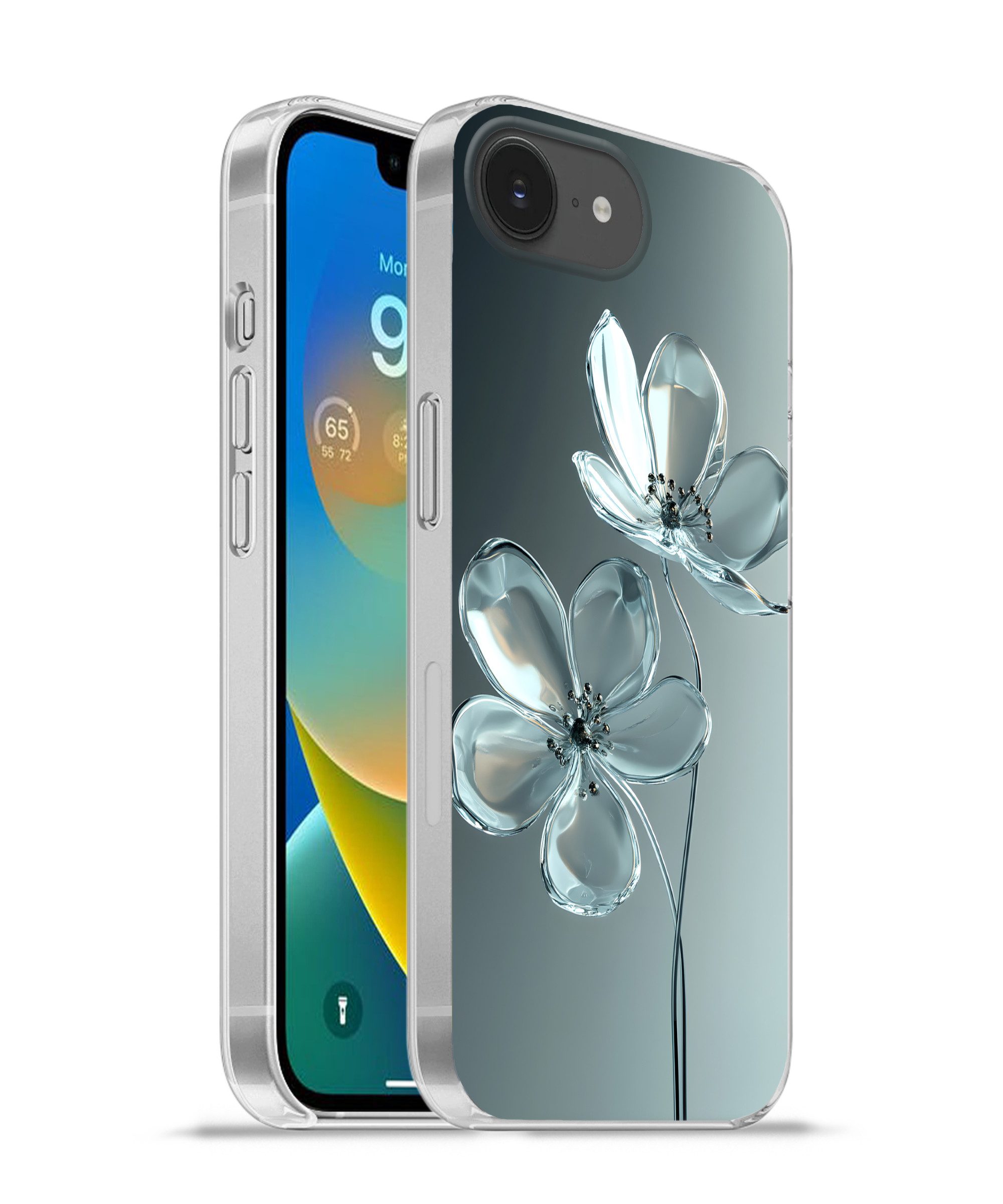 MuchoWow Handyhülle für Apple iPhone 16e Kristall - Blumen - Grau, Smartphone-Bumper, Print, Handy Schutzhülle Dünn
