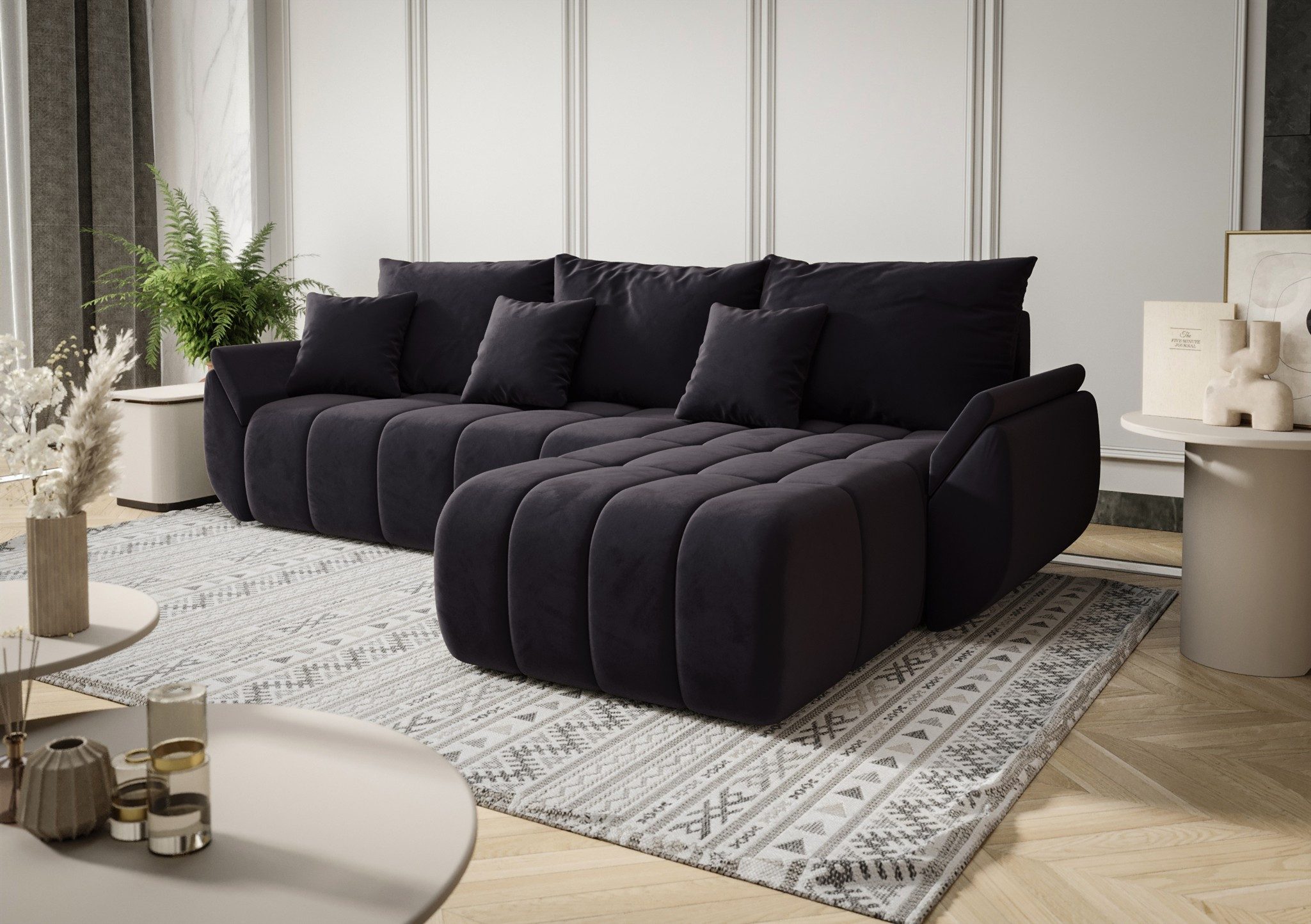Fun Möbel Ecksofa Schlafsofa Sofa Louise in Stoff Monolith, Ottomane Links oder Rechts, Rundumbezug und ausziehbare Liegefläche