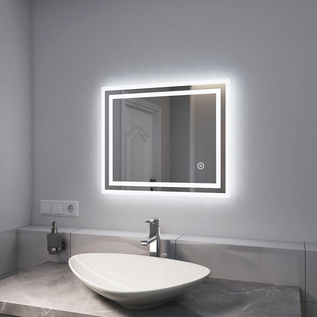 EMKE Badspiegel EMKE LED Badspiegel mit Beleuchtung Badezimmerspiegel, mit Touchschalter, Beschlagfrei, 6500K Kaltweiß Licht