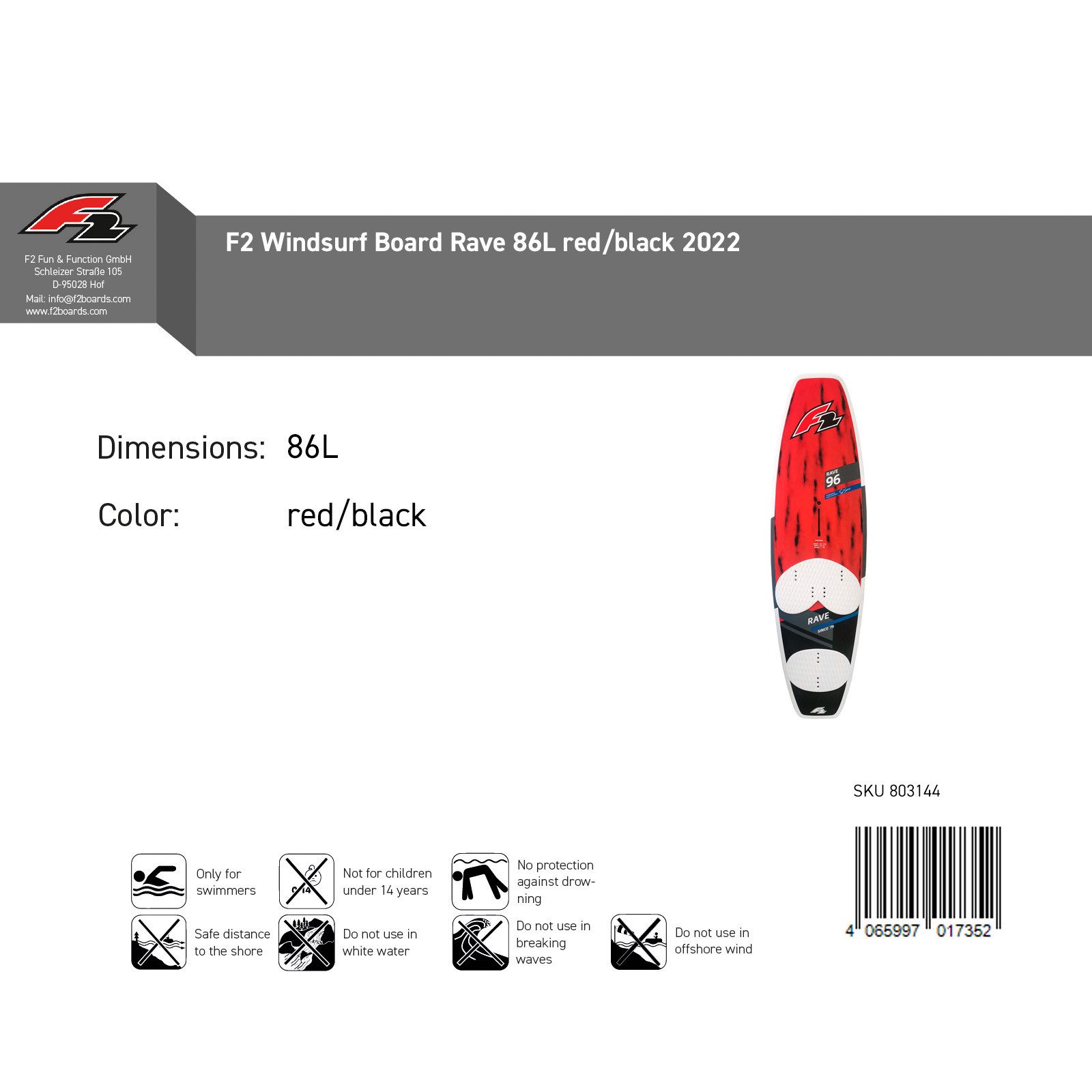F2 Windsurfboard F2 Sale Windsurfboard Rave 86L Rot/Schwarz Modell 2022/23 NEU, Surfbrett